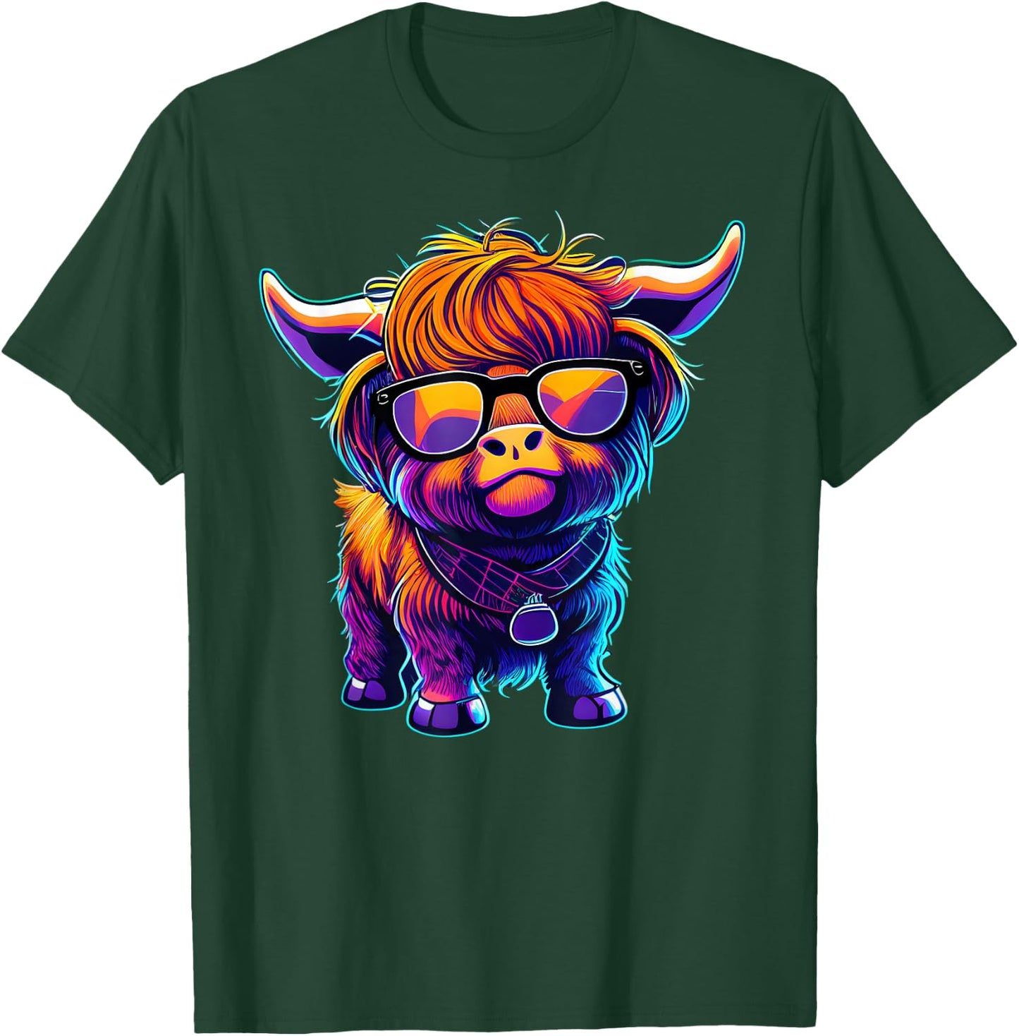 Retro 80's Cute Highland Cow Colorful Highland Cow Graphic T-Shirt - T-Shirt | Forest