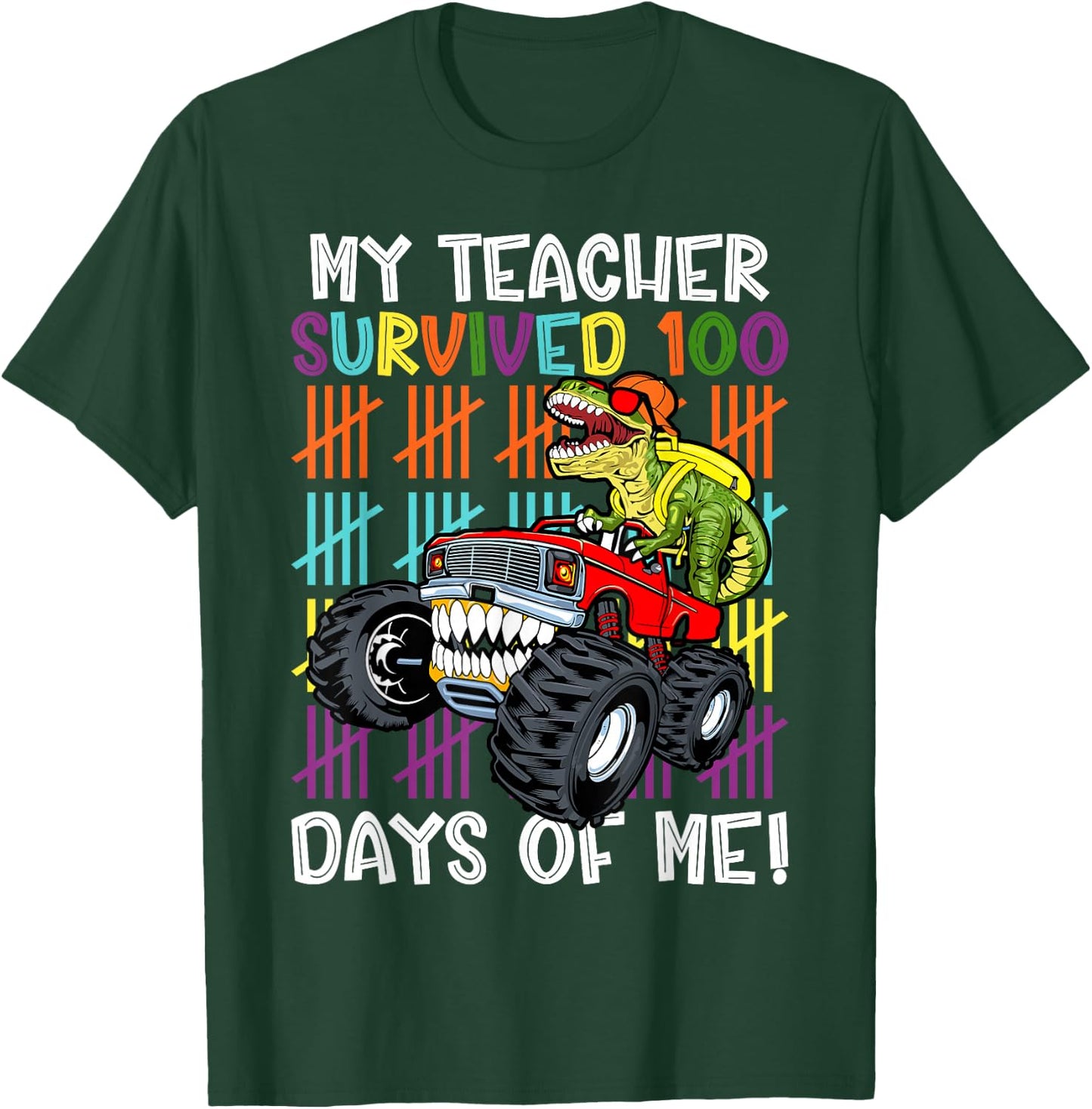 100th Day Of School My Teacher Survived 100 Days Dinosaur T-Shirt - T-Shirt | Forest