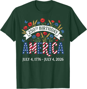 250th Birthday America Anniversary Floral 4th of July T-Shirt - T-Shirt | Forest