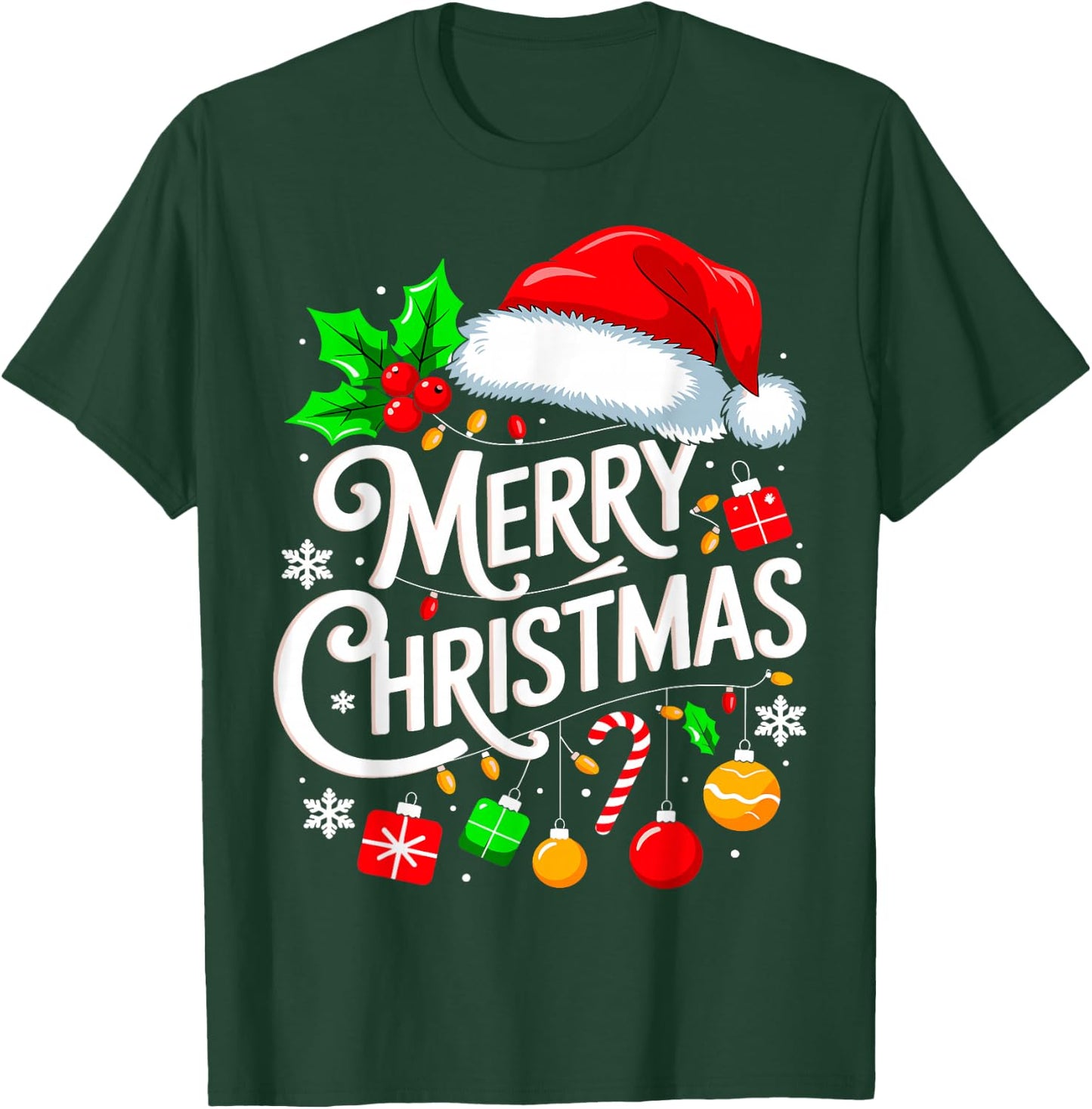 Merry Christmas Lights Family Santa Hat Xmas T-Shirt - T-Shirt | Forest