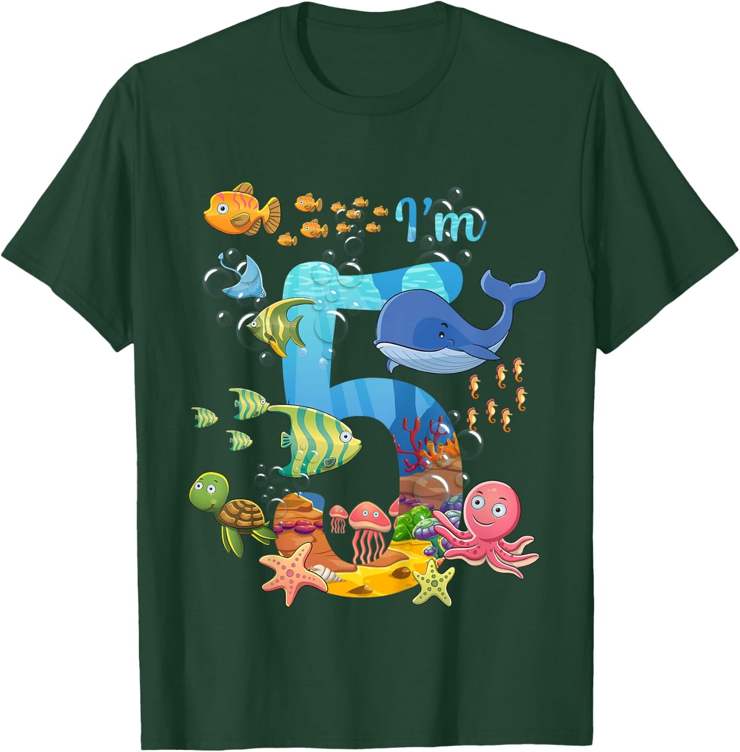 Kids 5 Years Old Whale Fish Ocean Theme 5th Birthday Boy Girl , black T-Shirt - T-Shirt | Forest