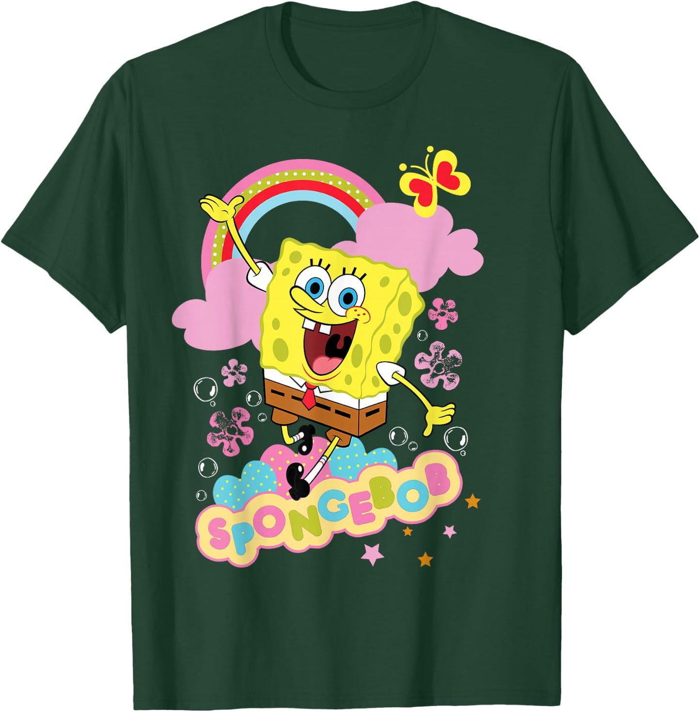 Spongebob Schwammkopf Blumen und Regenbogen T-Shirt - T-Shirt | Forest