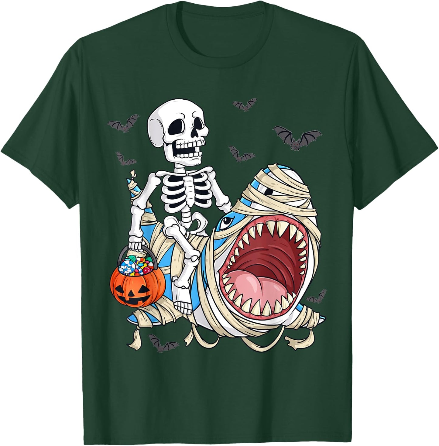 Skeleton Riding Mummy Shark Funny Halloween Pumpkin Kids T-Shirt - T-Shirt | Forest