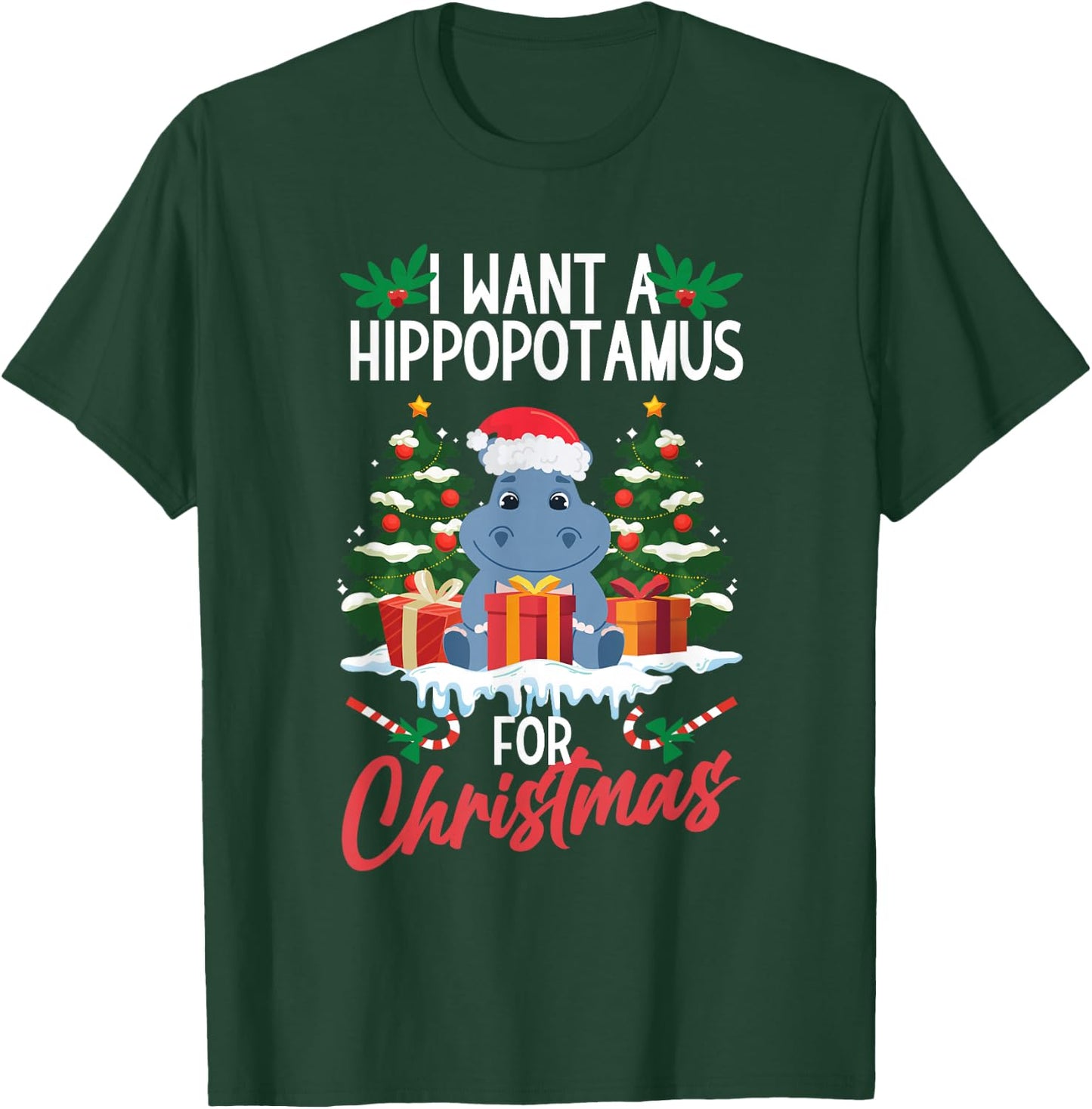Hippopotamus Merry Christmas Santa Xmas Family Adults Kids T-Shirt - T-Shirt | Forest