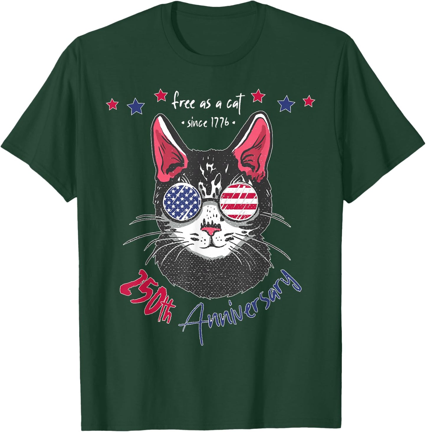 250th Anniversary America Cat with USA Sunglasses 250 Years T-Shirt - T-Shirt | Forest