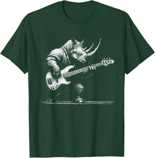 Rock Rhino Playing Bass Guitar - Funny Guitar Rhino Music T-Shirt - T-Shirt | Forest