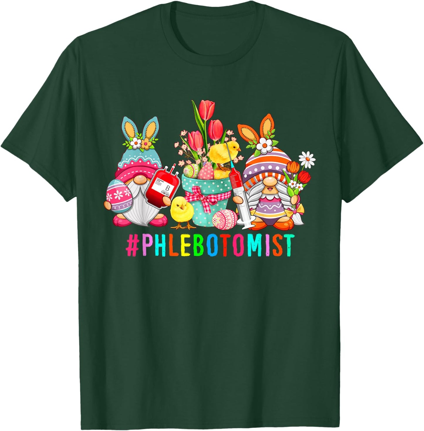 Phlebotomist Easter Bunny Gnomes With Chicks Hunting Eggs T-Shirt - T-Shirt | Forest