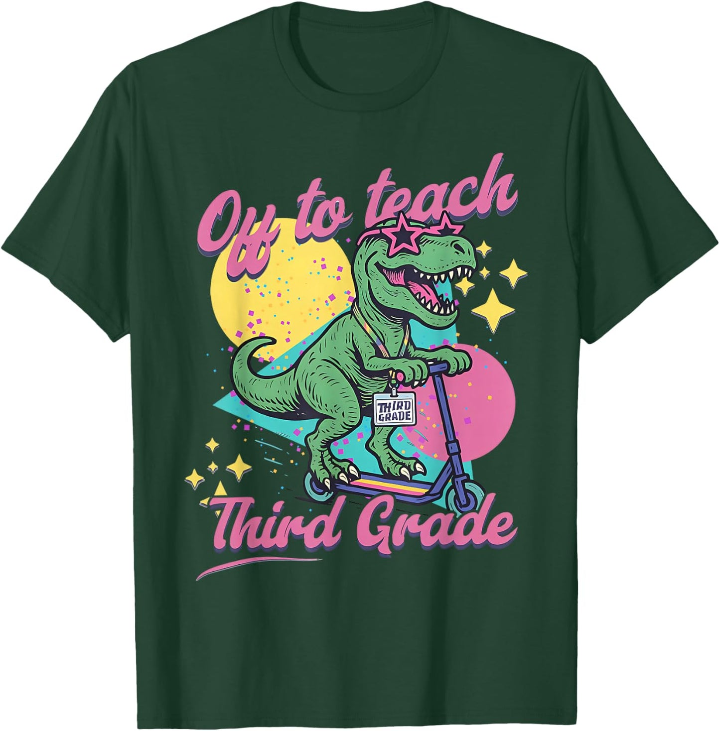 Off to Teach Third Grade Retro Dinosaur Scooter Teacher 3rd T-Shirt - T-Shirt | Forest
