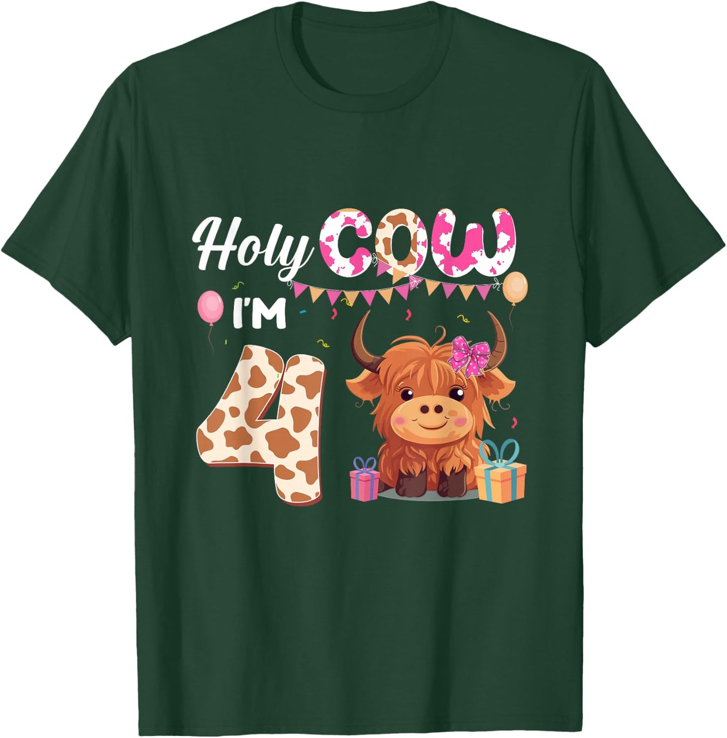 Holy Cow I'm 4 Year Old Birthday Highland Cow 4th Bday Kid T-Shirt - T-Shirt | Forest