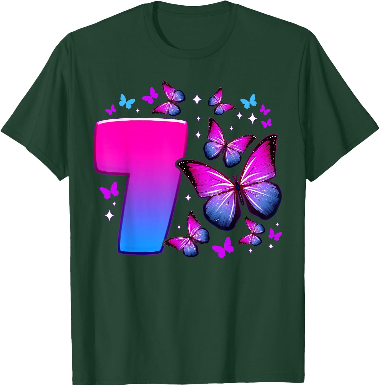Birthday Girl 7 Years Old Butterfly Number 7 , black T-Shirt - T-Shirt | Forest