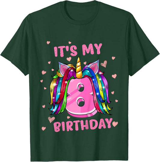 Kids Unicorn Hair It's My 8 Birthday T-Shirt - T-Shirt | Forest