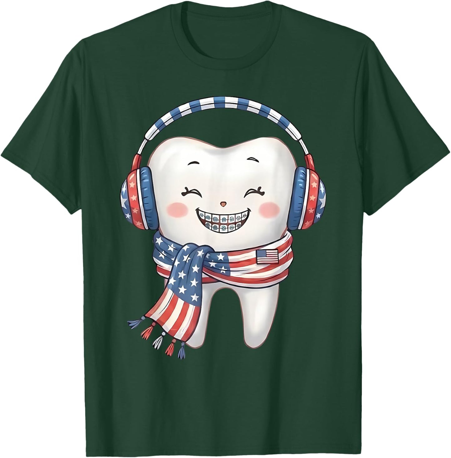 Patriotic USA Flag Molar Tooth 4th July Braces Orthodontist T-Shirt - T-Shirt | Forest