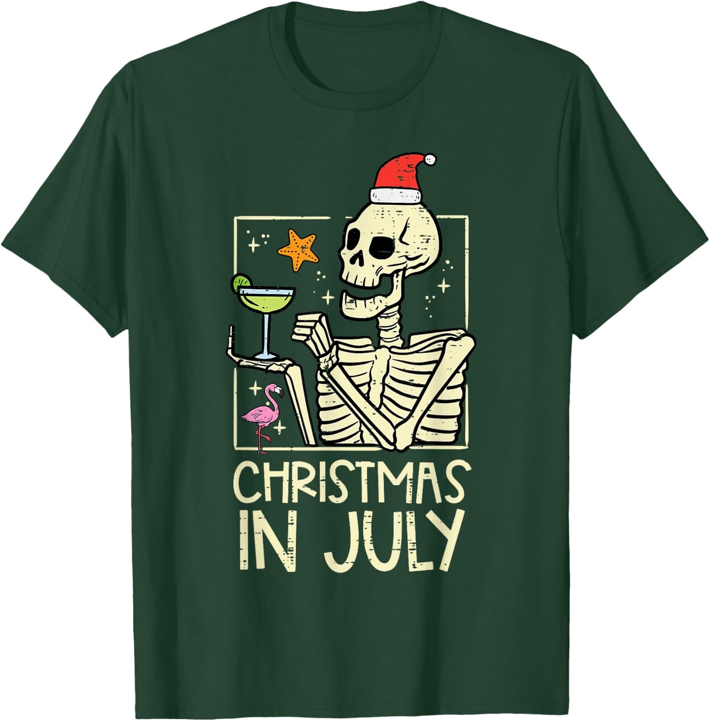 Christmas July Skeleton Flamingo Funny Summer Xmas Women Men T-Shirt - T-Shirt | Forest