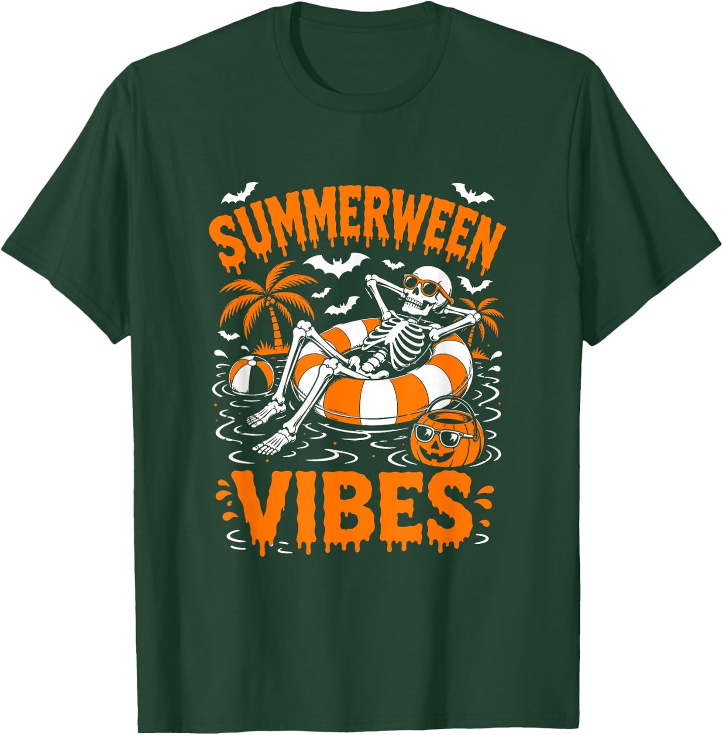 Summerween Vibes Skeleton Floating Pool Pumpkin Halloween T-Shirt - T-Shirt | Forest