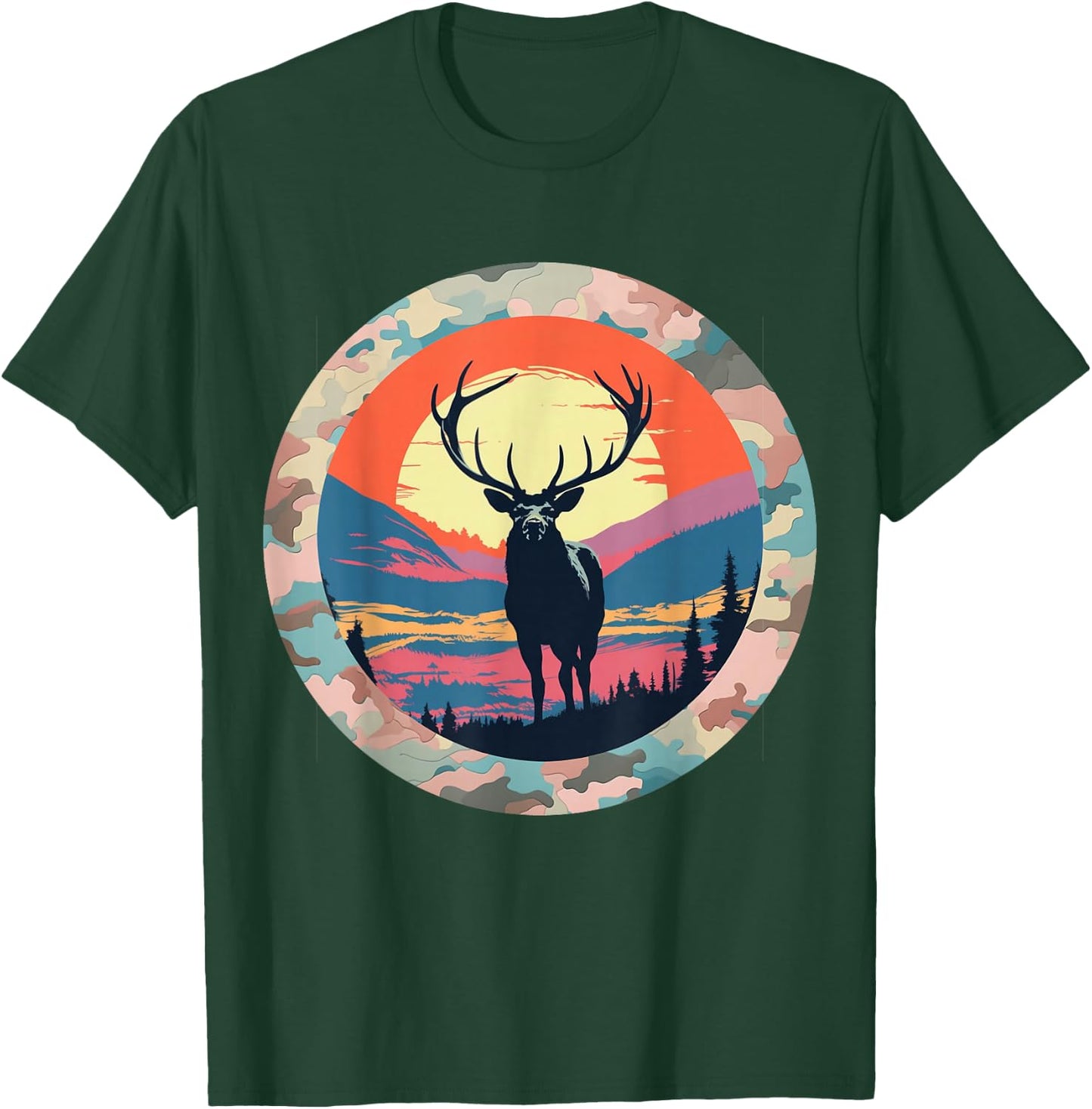 Elk Silhouette Under Full Moon – Nature at Night Wildlife T-Shirt - T-Shirt | Forest