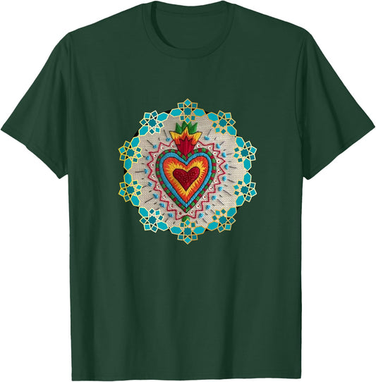 Retro Sacred Heart Mexican Folk Art Tops Sagrado Corazón MX T-Shirt - T-Shirt | Forest