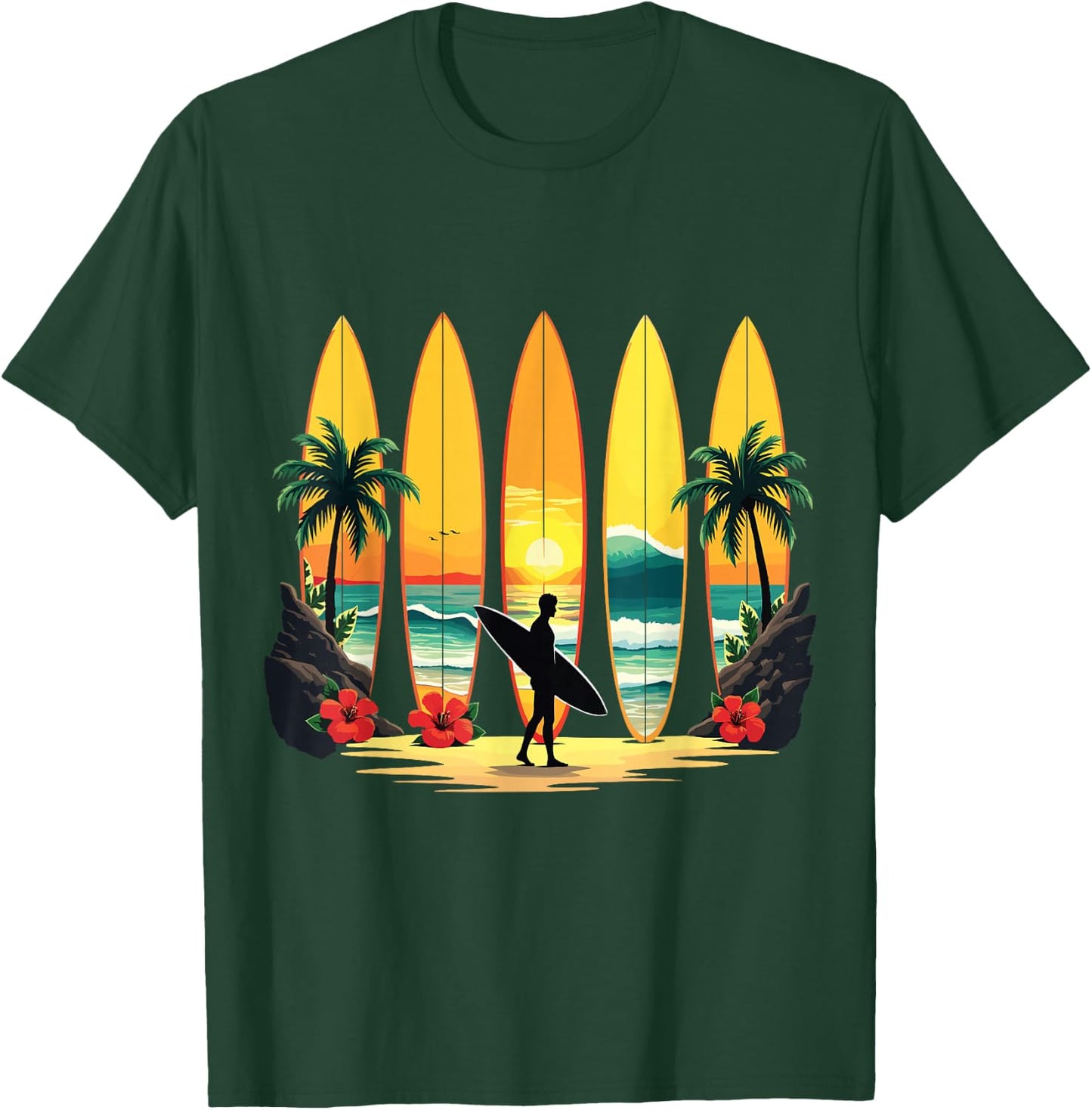 Surfer Beach Surf Hawaiian Surfboarder Funny Surf Graphic T-Shirt - T-Shirt | Forest