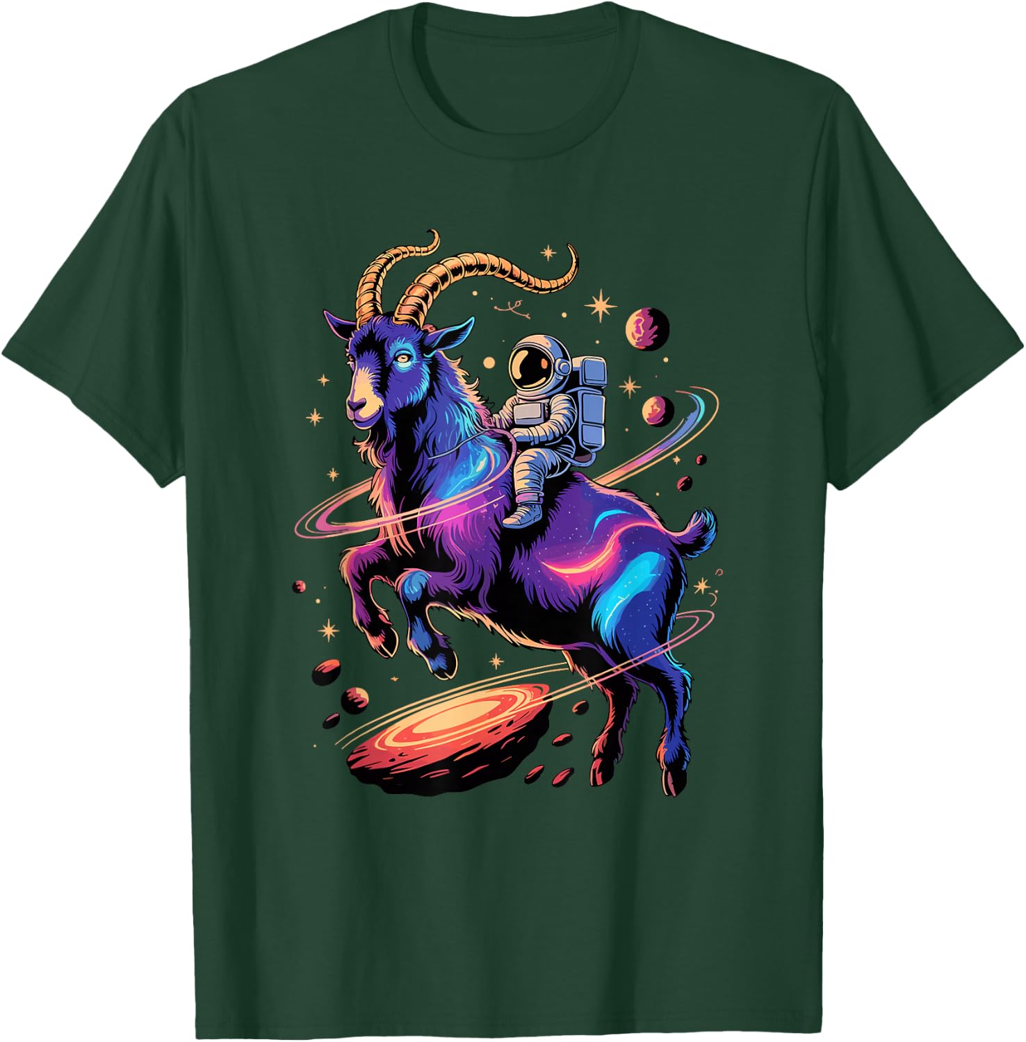 Astronaut Rides Goat Space Stars Comets Galaxy Planets T-Shirt - T-Shirt | Forest