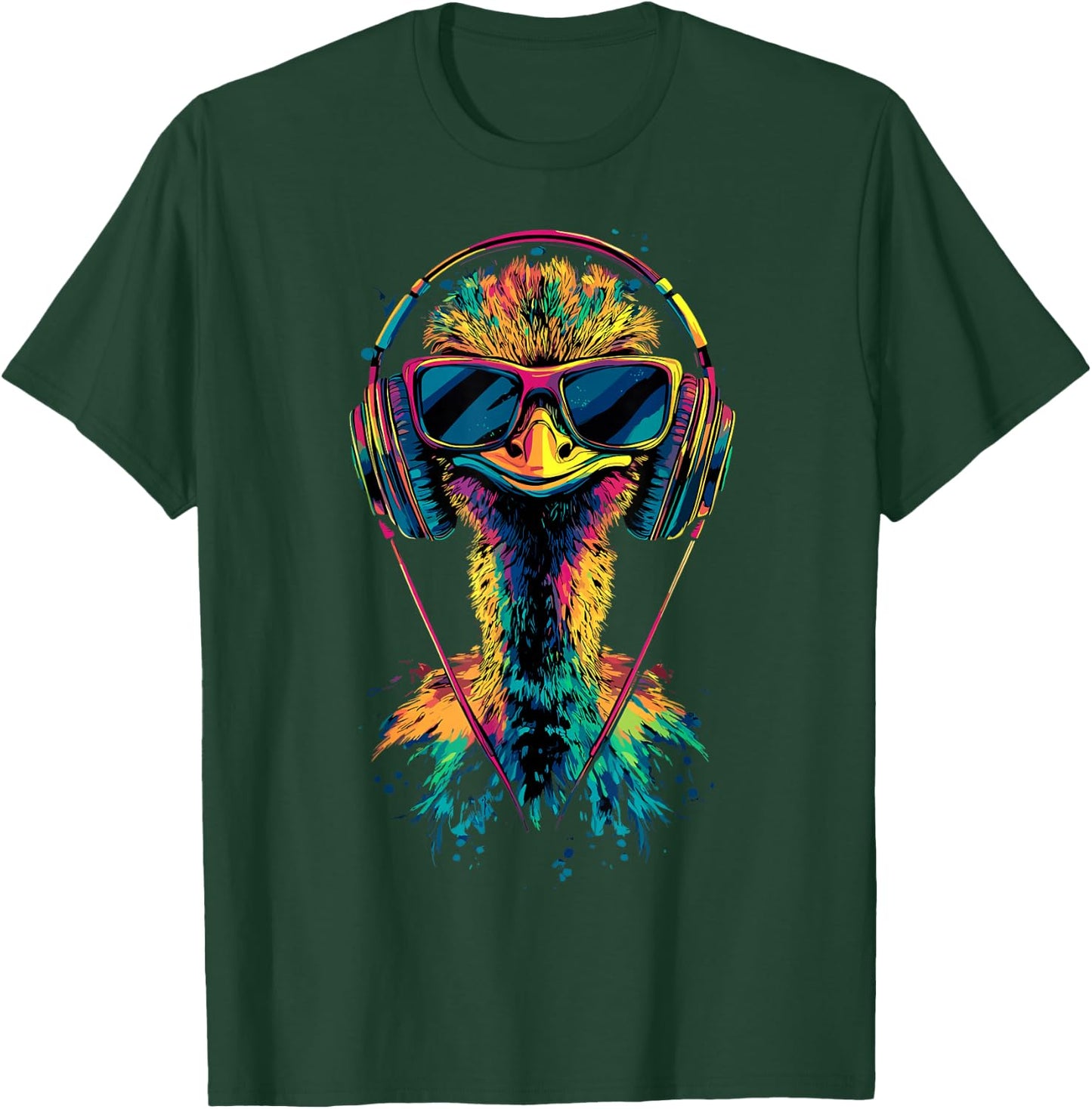 Strauss Bird Ostrich with Headphones Colourful Emu Music DJ Bouquets , black T-Shirt - T-Shirt | Forest