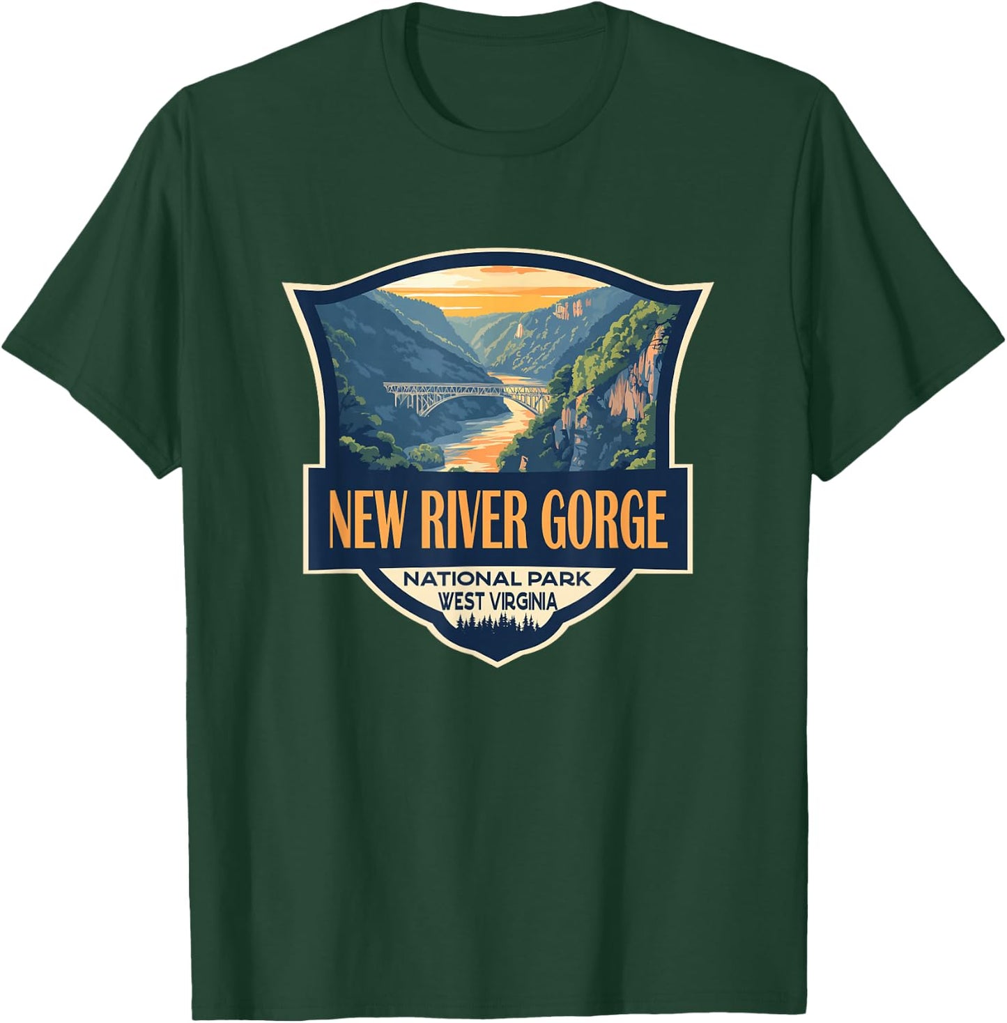 New River Gorge National Park Illustration Retro Badge T-Shirt - T-Shirt | Forest