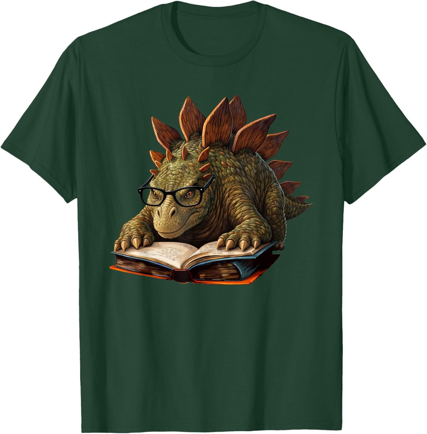 Stegosaurus Dinosaur Reading Book Nerd T-Shirt - T-Shirt | Forest