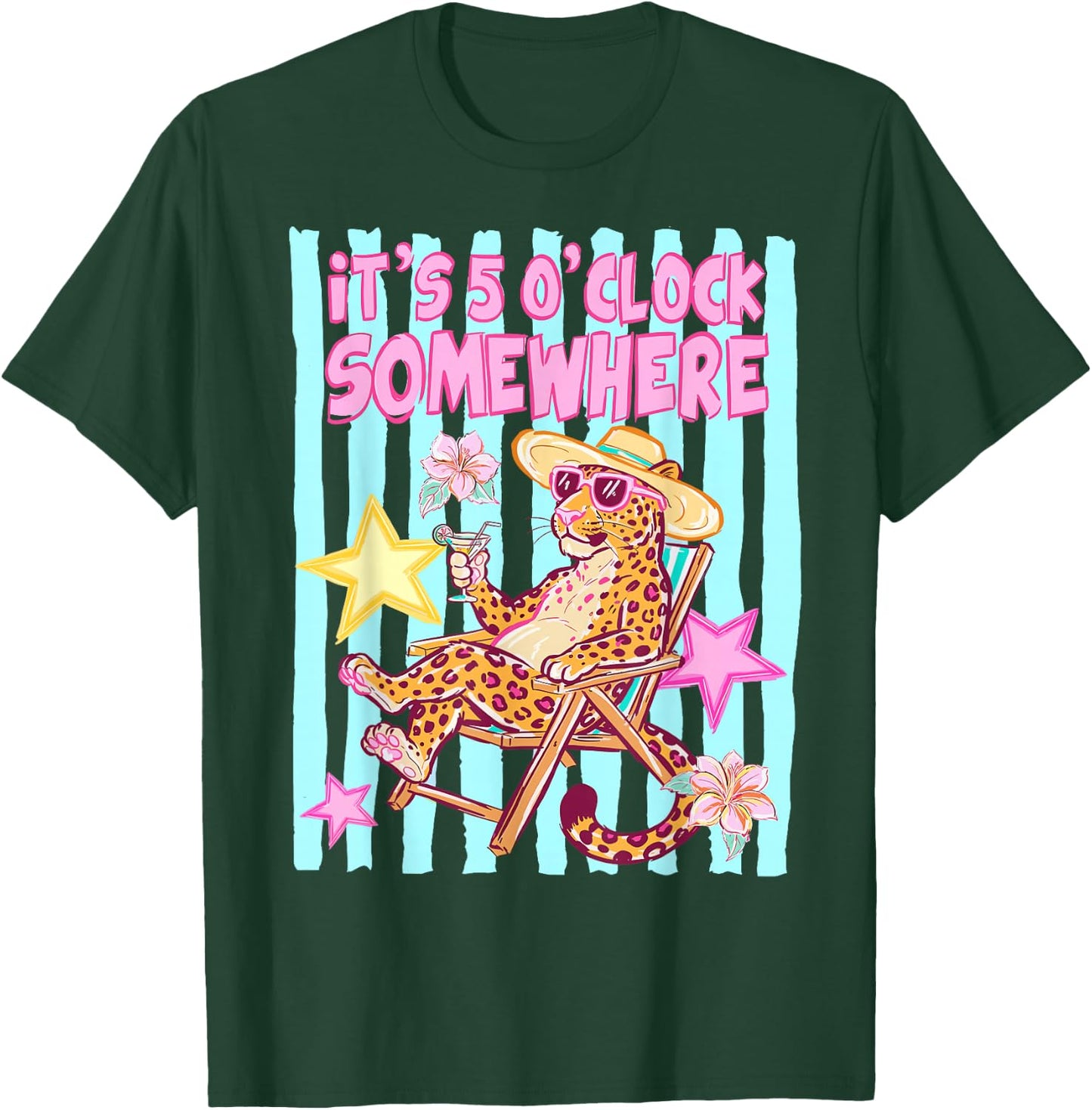 Striped It’s 5 O’Clock Somewhere Beach Vibes Leopard T-Shirt - T-Shirt | Forest