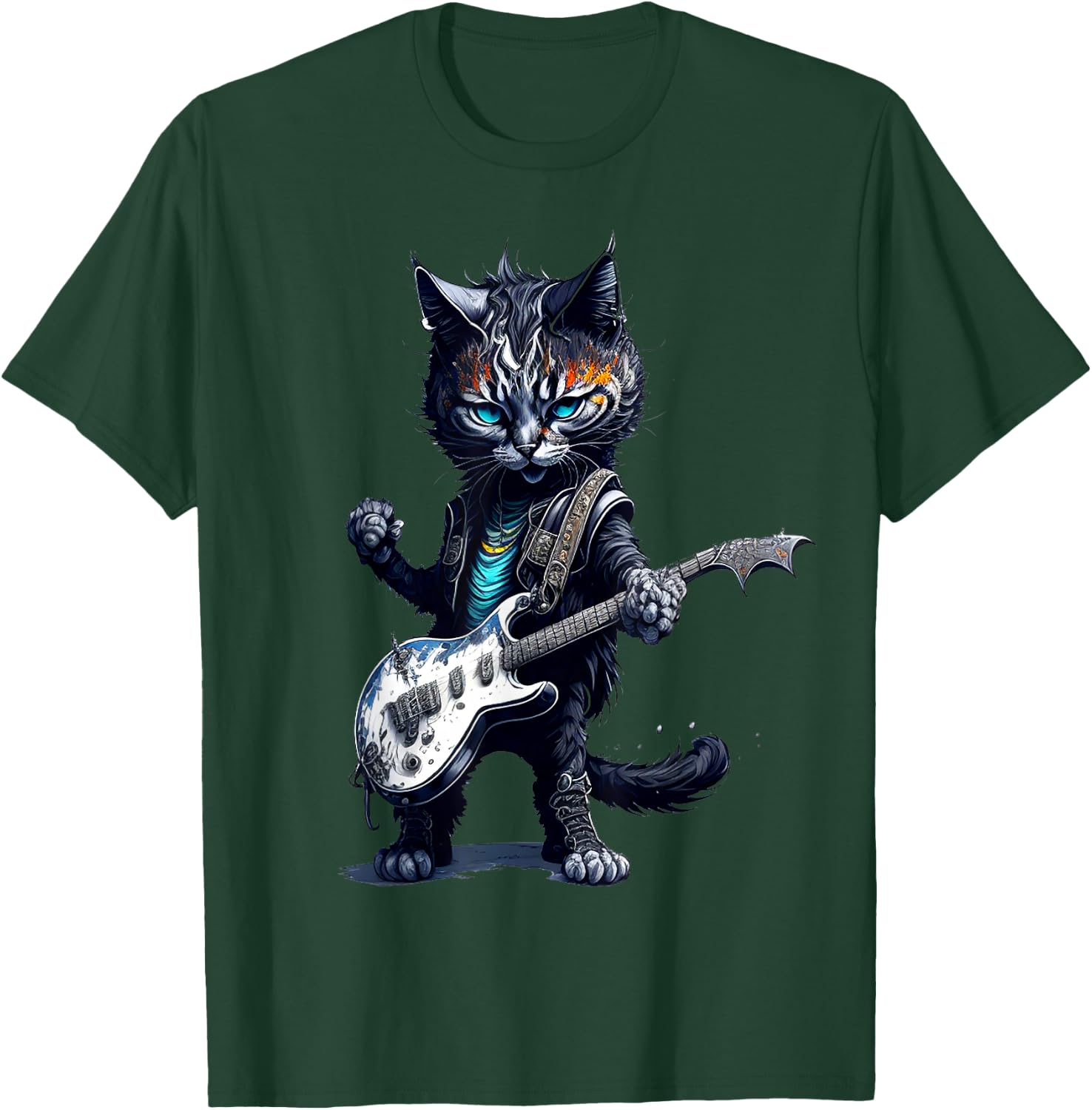 Funny Rock Cat Playing Guitar Rock Kitty Guitar Cat T-Shirt - T-Shirt | Forest