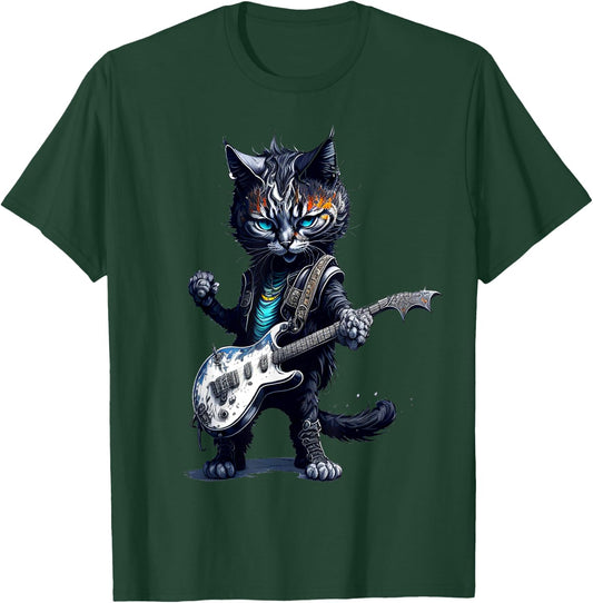 Funny Rock Cat Playing Guitar Rock Kitty Guitar Cat T-Shirt - T-Shirt | Forest
