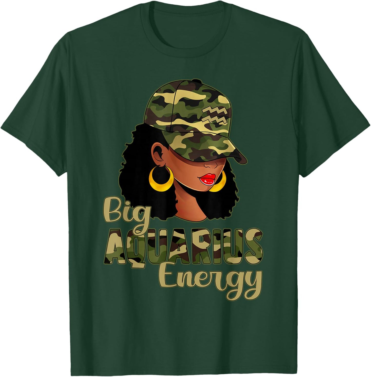 Big Aquarius Energy Black Woman Camo Cap Hat Zodiac Sign T-Shirt - T-Shirt | Forest