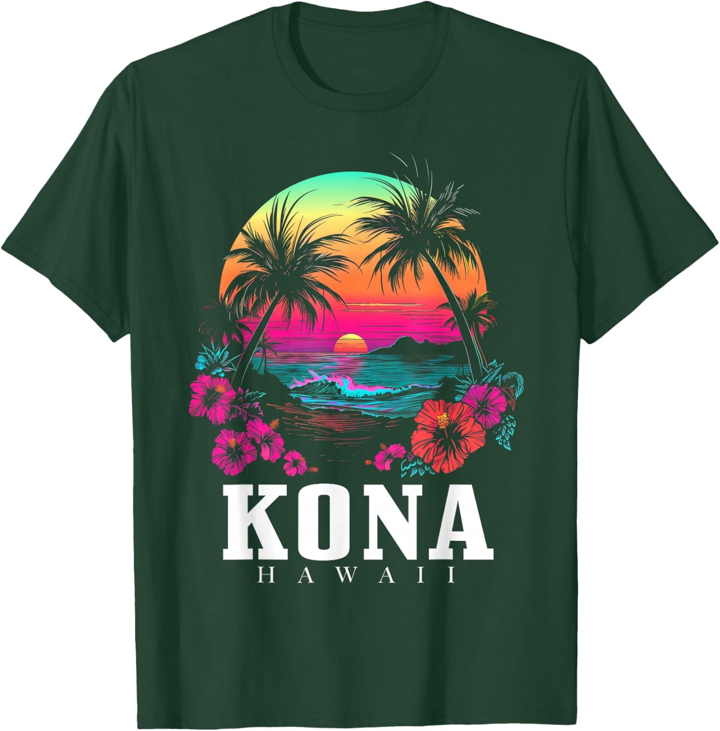 Kona Hawaii Hawaiian Hibiscus Flowers Surfer Souvenir T-Shirt - T-Shirt | Forest