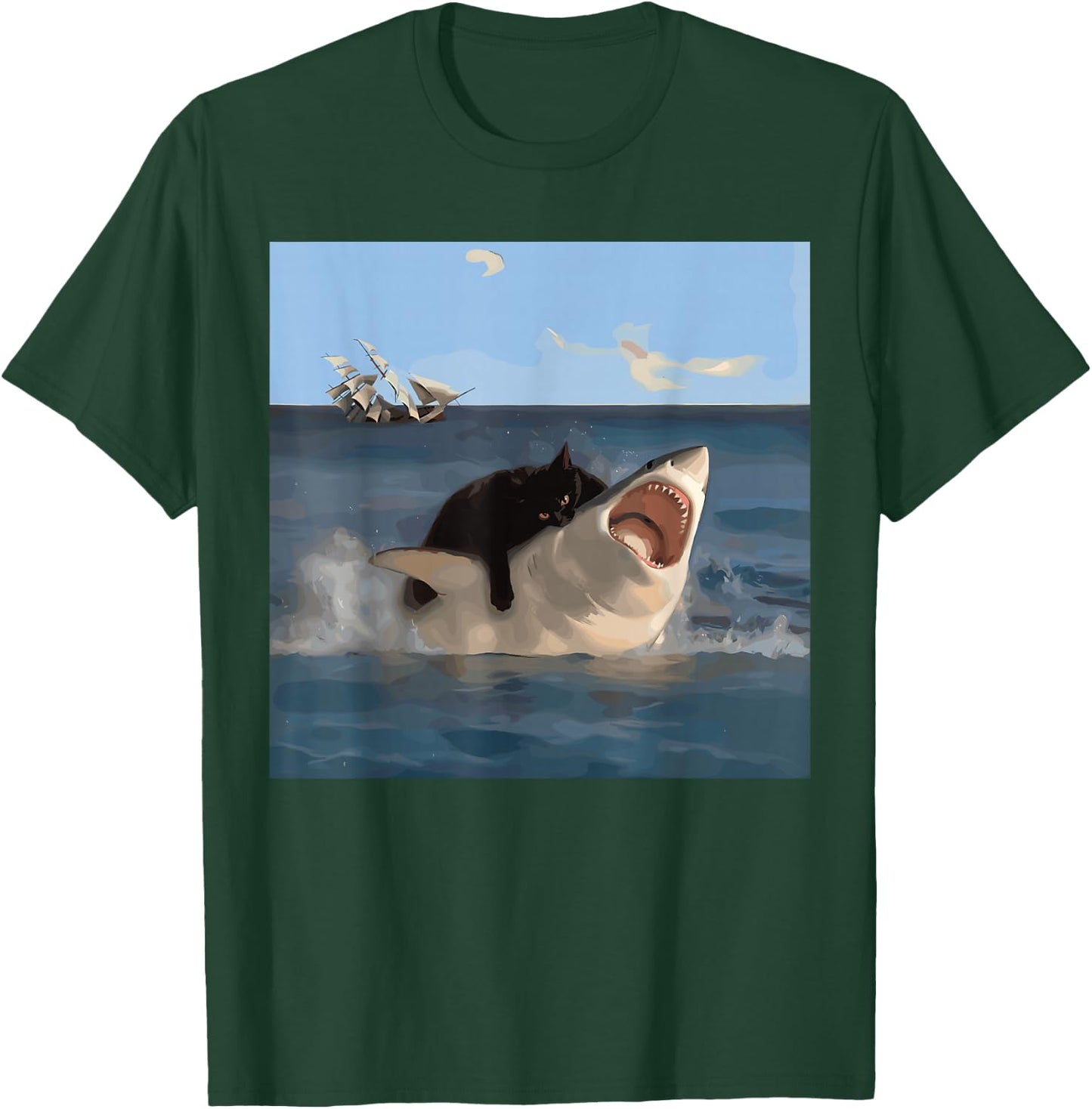 Cat Biting Shark Lustiger Kunst- und Katzenliebhaber Lustige Katze und Hai T-Shirt - T-Shirt | Forest