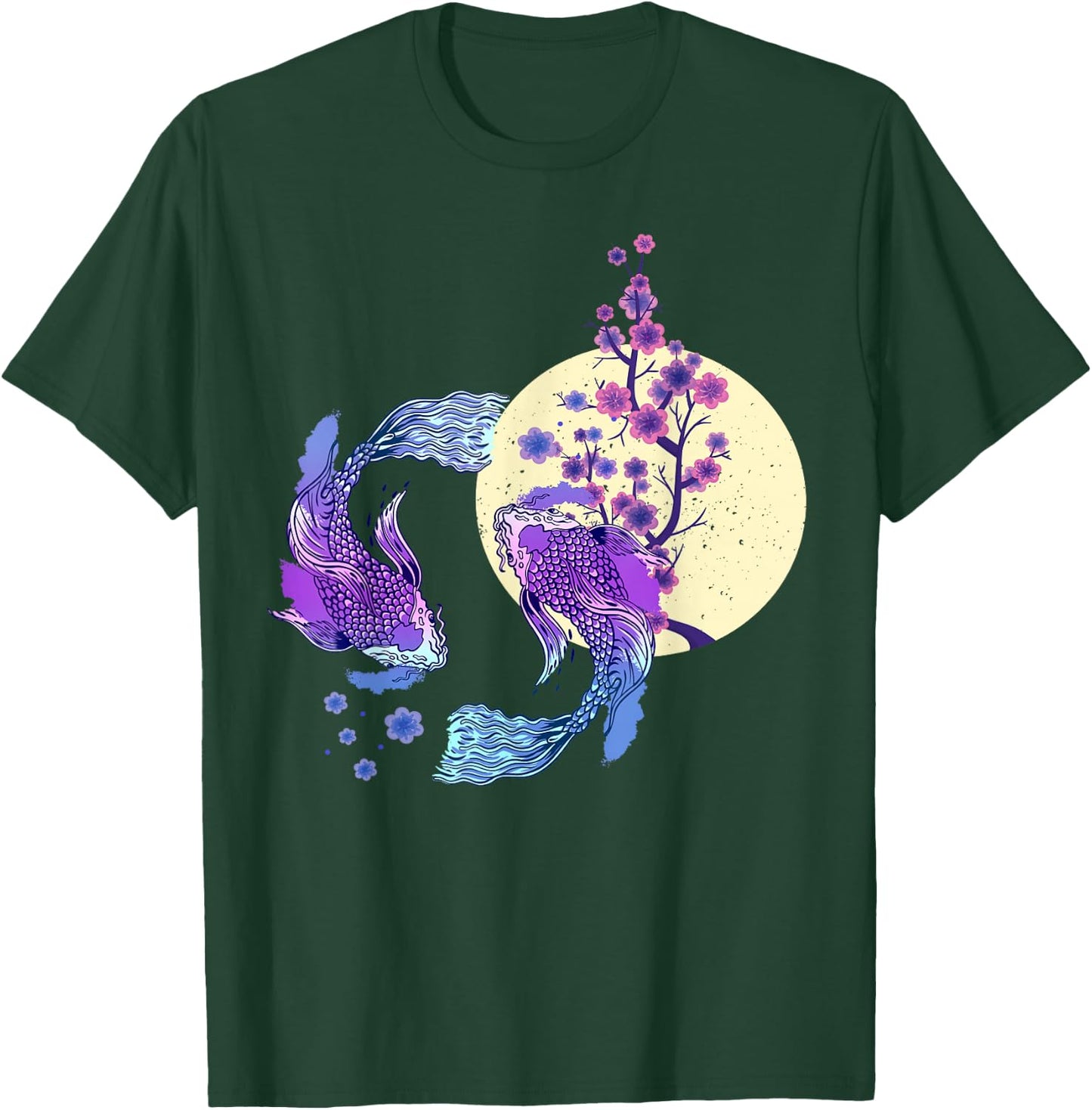 Koi Japanese Koi Carp Full Moon Yin Yang Cherry Blossom T-Shirt - T-Shirt | Forest