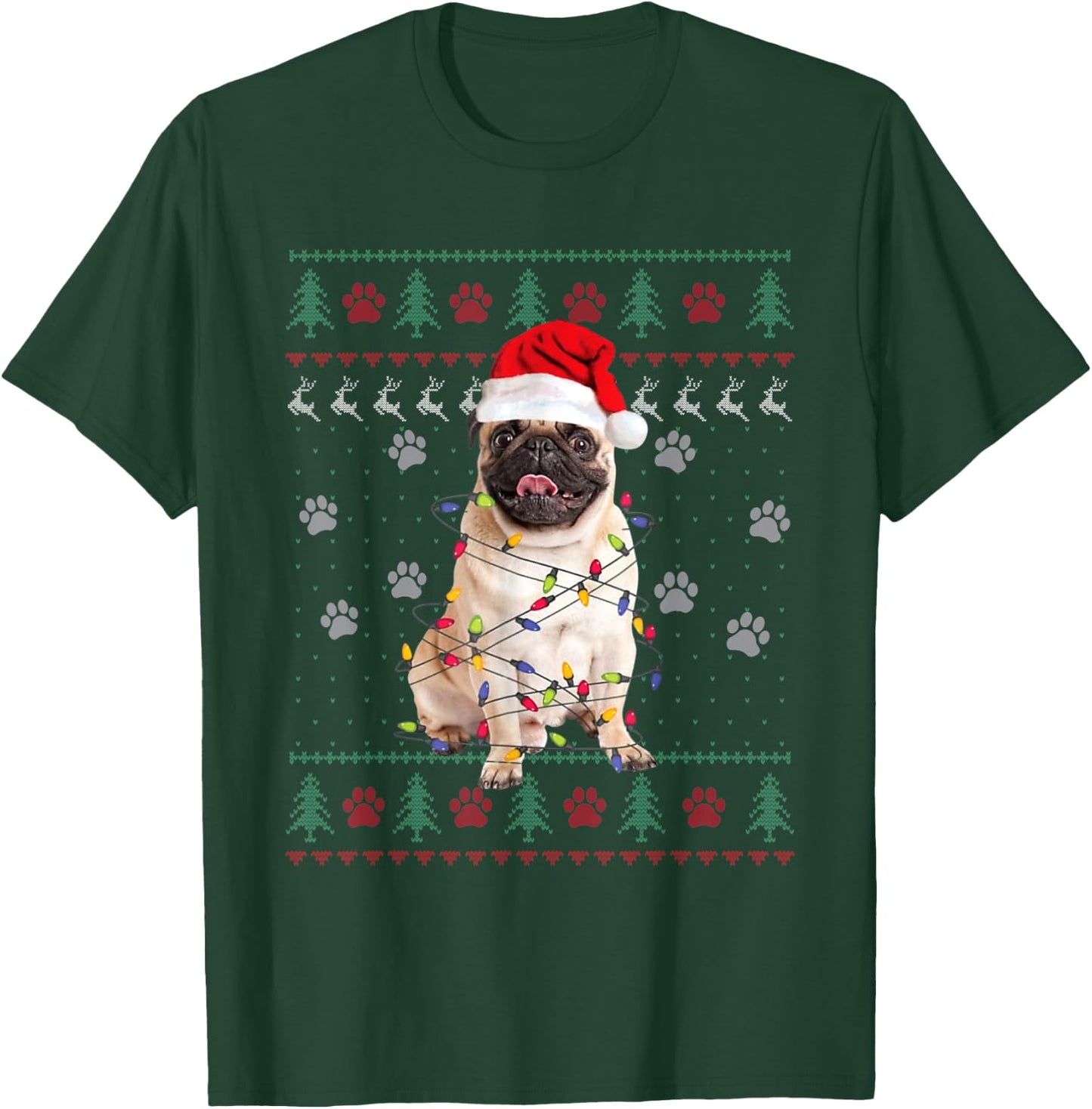 Pug Dog Ugly Christmas Sweater Santa Hat Animal Xmas Pajama T-Shirt - T-Shirt | Forest
