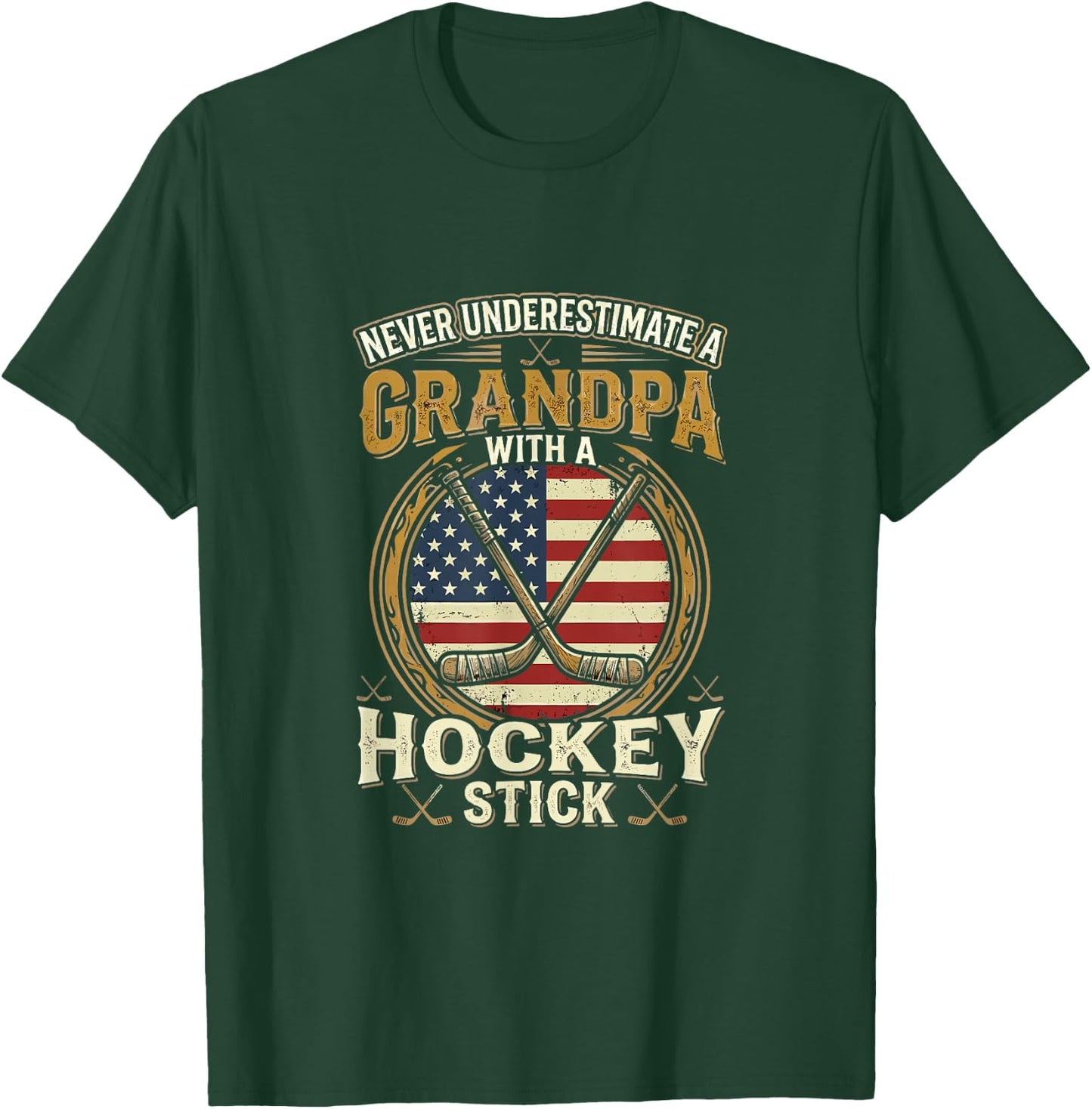 Never Underestimate a Grandpa with a Hockey Stick USA Flag T-Shirt - T-Shirt | Forest