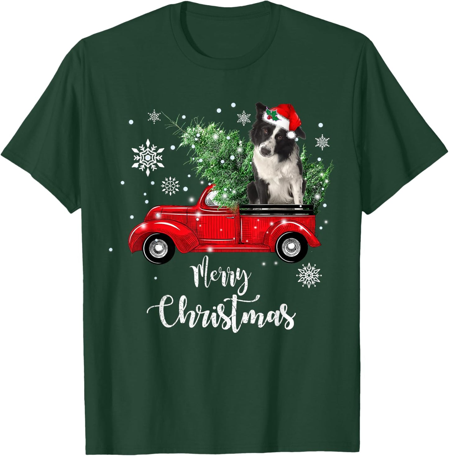 Red Truck Merry Christmas Tree Border Collie Dog Christmas T-Shirt - T-Shirt | Forest