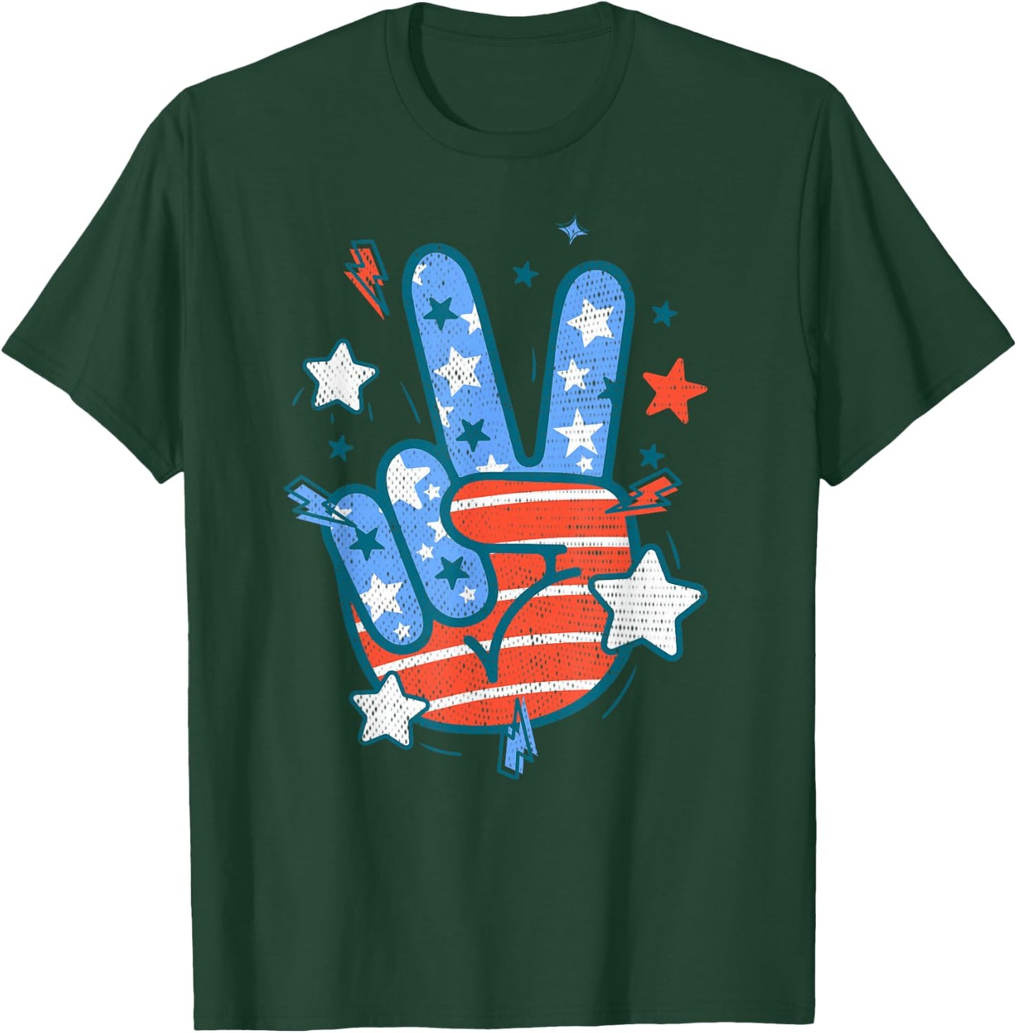 USA Flag Peace Sign Hand Fourth of July Patriotic Men Women T-Shirt - T-Shirt | Forest