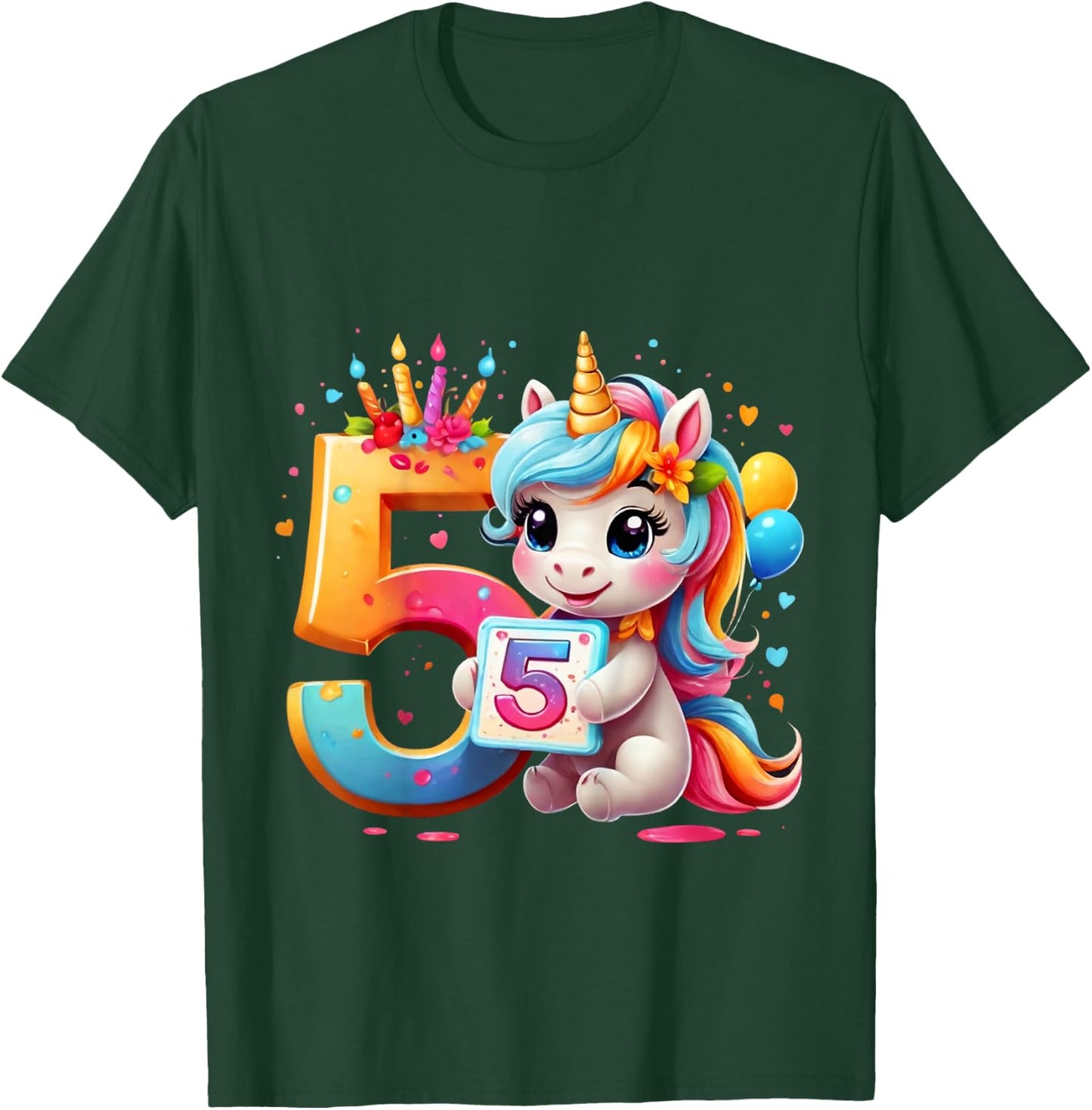 Children's Number 5 Years Girls Unicorn 5th Birthday , black T-Shirt - T-Shirt | Forest