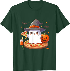 Halloween Cute Ghost Eating Pizza, Cute Ghost Pumpkin Pizza T-Shirt - T-Shirt | Forest
