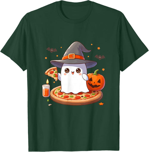 Halloween Cute Ghost Eating Pizza, Cute Ghost Pumpkin Pizza