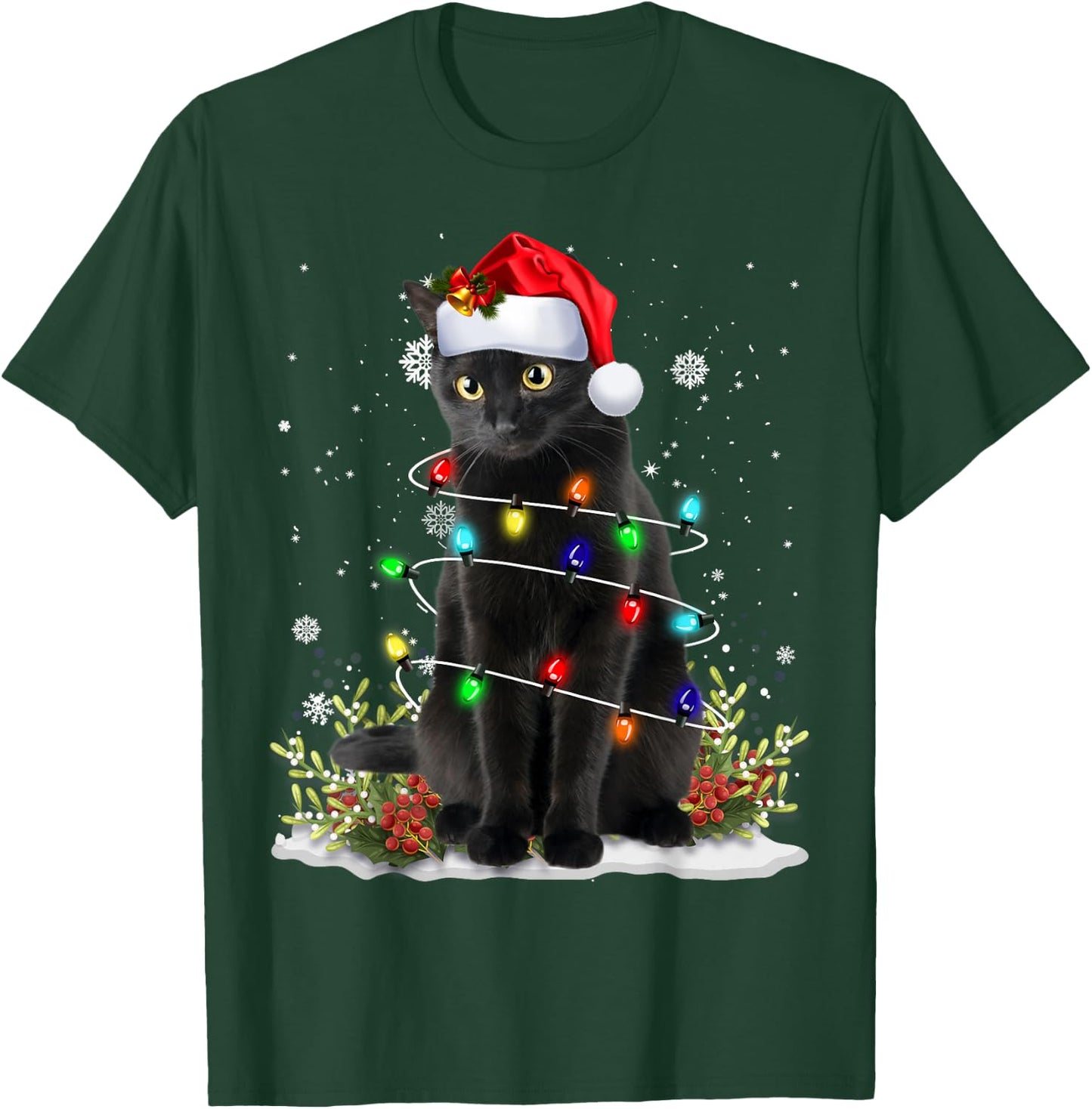 Black Cat Christmas Santa Hat Funny Meowy Cats Women Men T-Shirt - T-Shirt | Forest