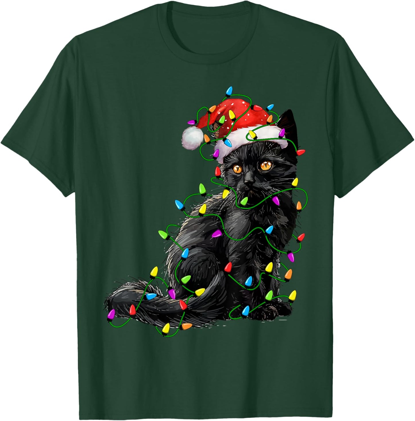 Black Cat Santa Christmas Tree Lighting Xmas Funny T-Shirt - T-Shirt | Forest