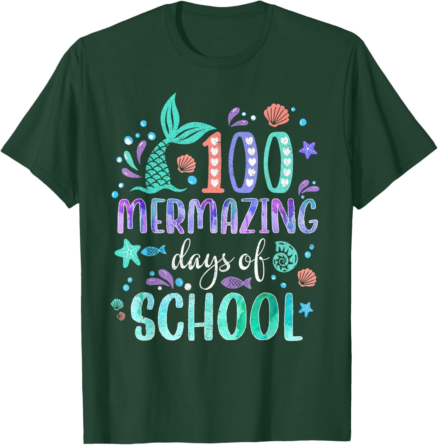 100th Day Mermaid Tail 100 Mermazing Days Of School Kids T-Shirt - T-Shirt | Forest