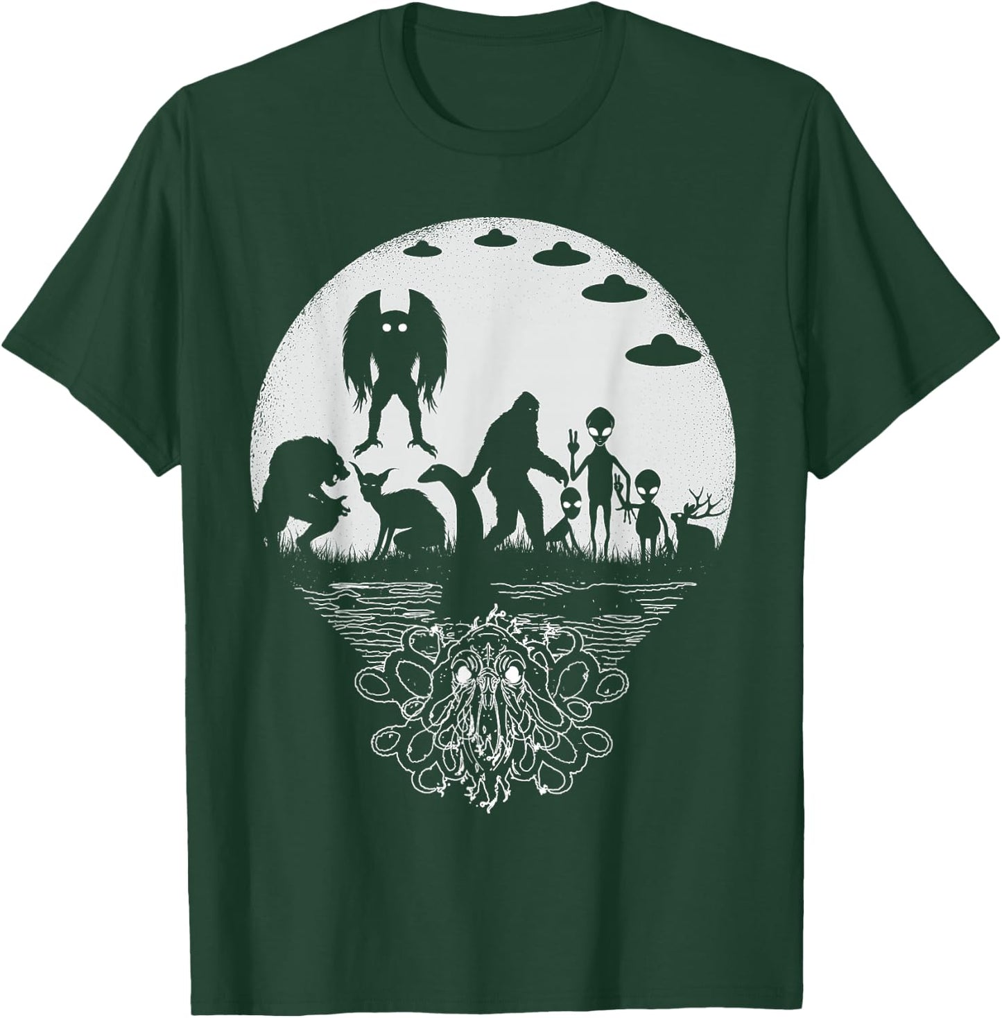 Bigfoot Mothman Loch Ness Monster And Aliens! Funny Cryptid T-Shirt - T-Shirt | Forest