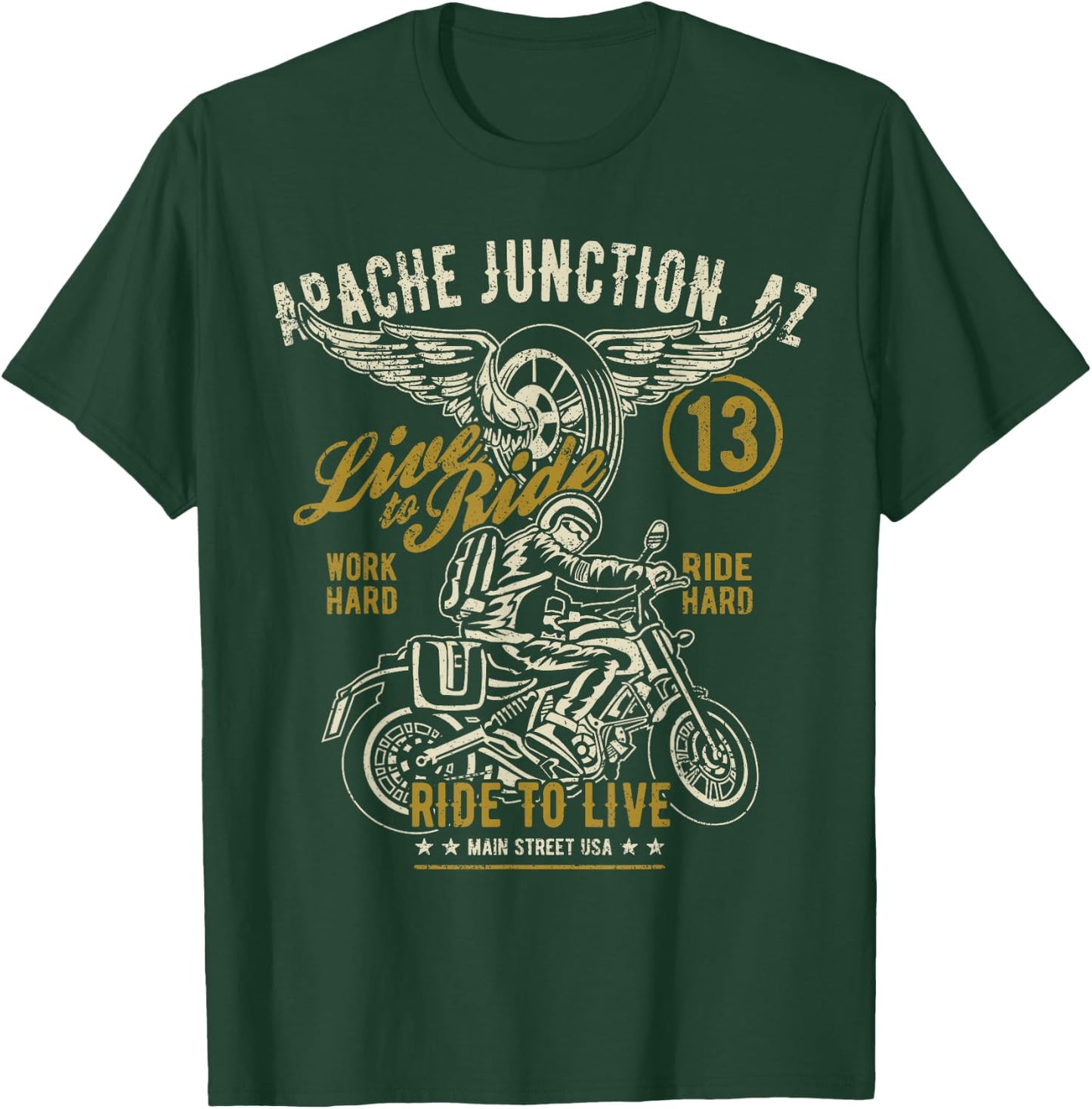 Apache Junction AZ USA Distressed Style Motorcycle Design T-Shirt - T-Shirt | Forest