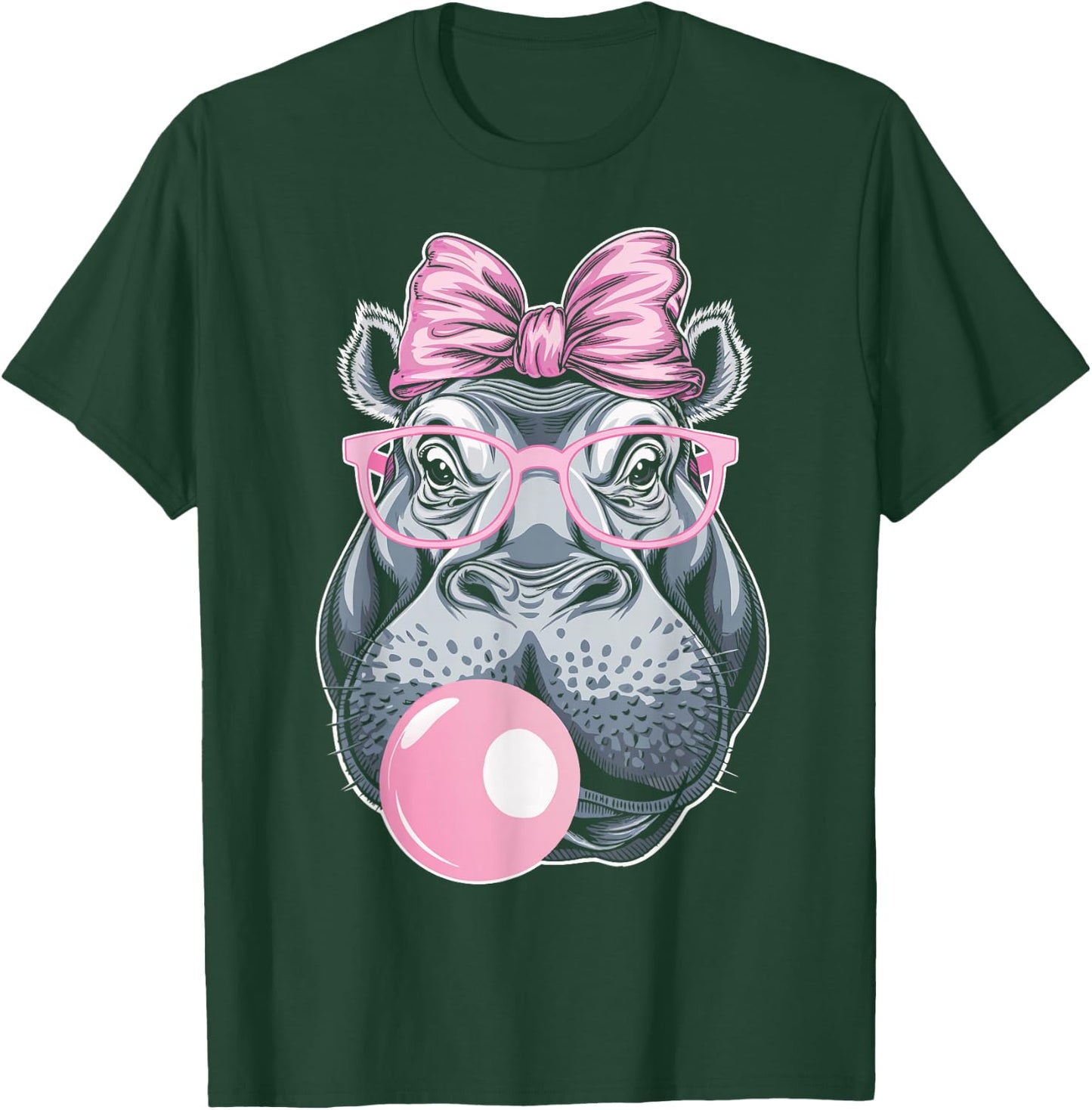 Hippo Wearing Glasses and Blowing Pink Bubble Gum T-Shirt - T-Shirt | Forest