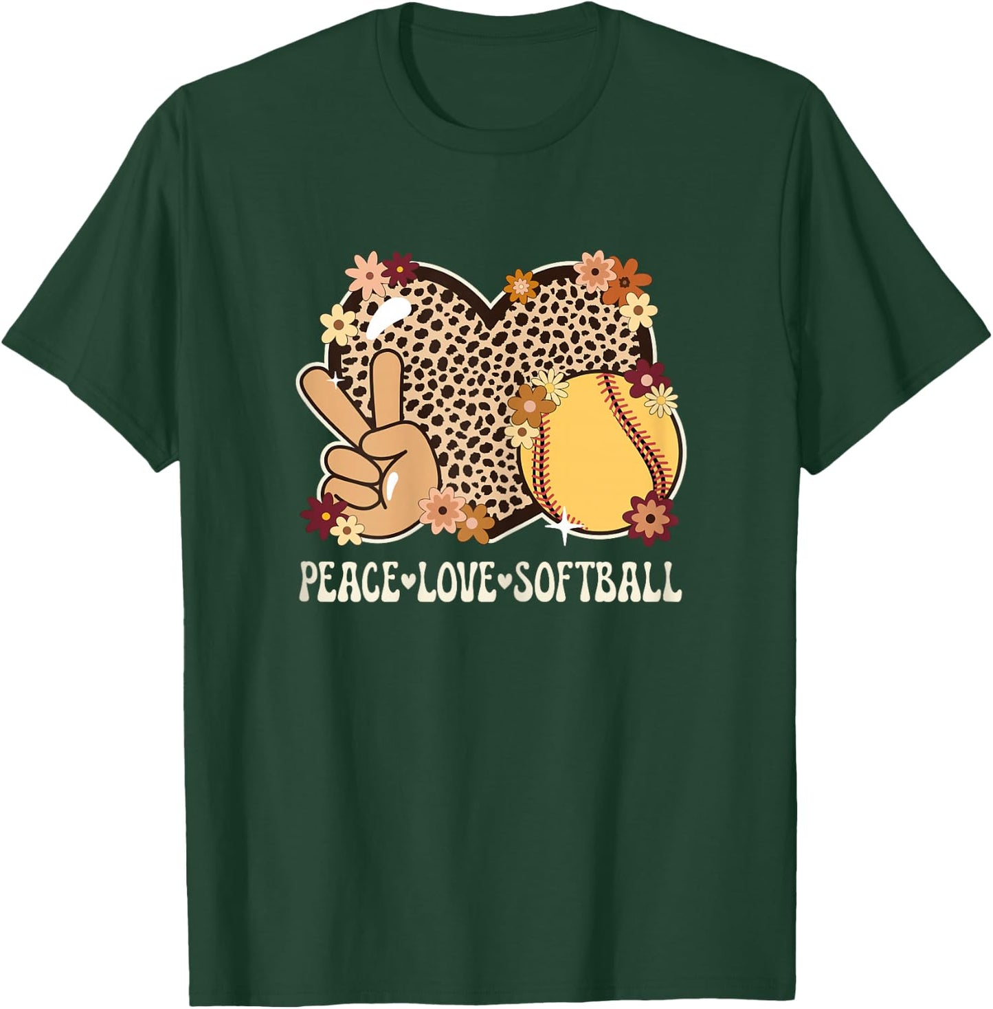 Peace Love Softball Lover Outfit Cheetah Print Girl Softball T-Shirt - T-Shirt | Forest