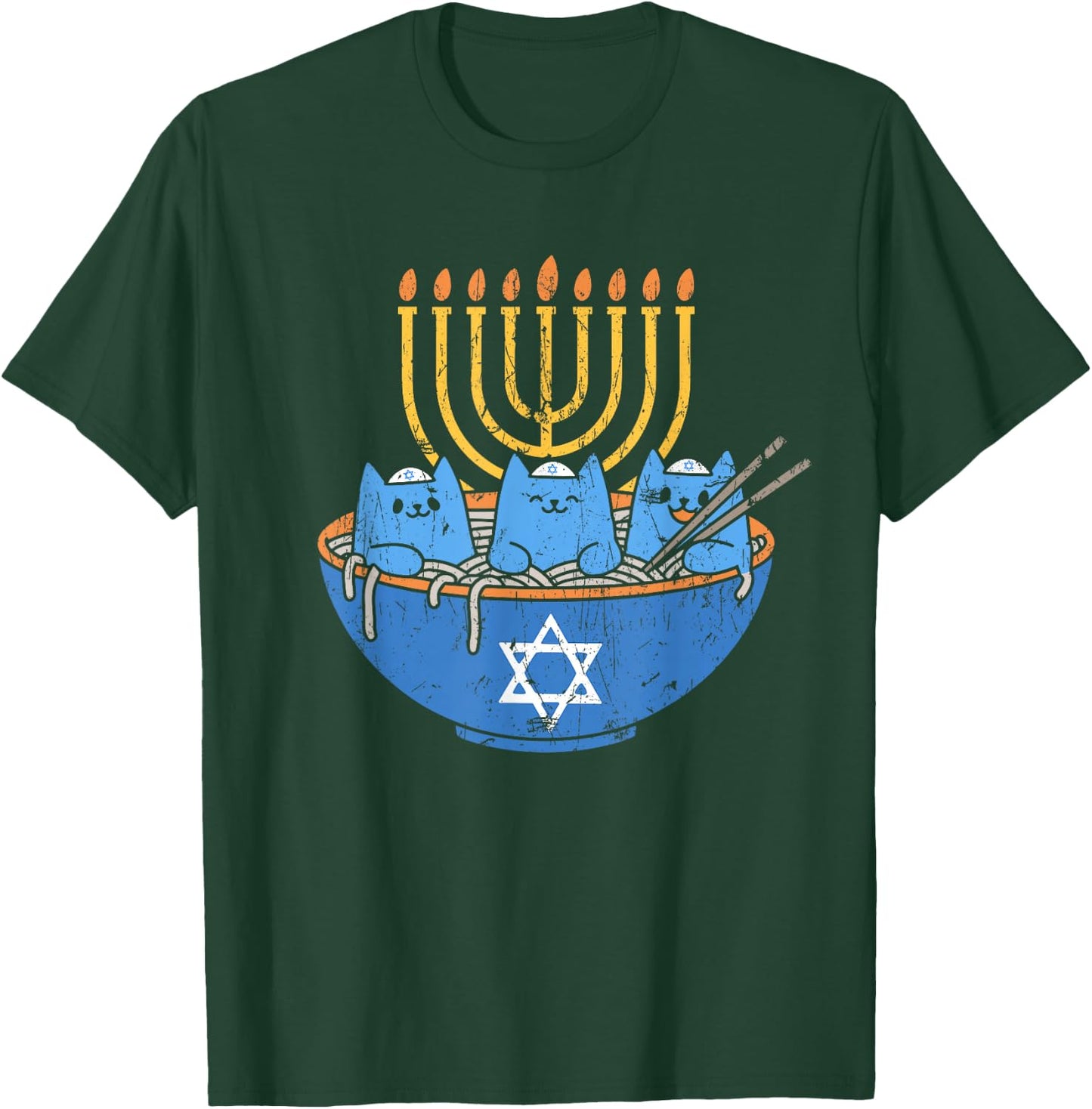 Chanukah Lover Hanukkah Gifts Jewish Cats Ramen Kitten Anime Hanukkah - -Adult, Anime, Cat Lovers, Families - Black, Small, Short Sleeve T-Shirt - T-Shirt | Forest