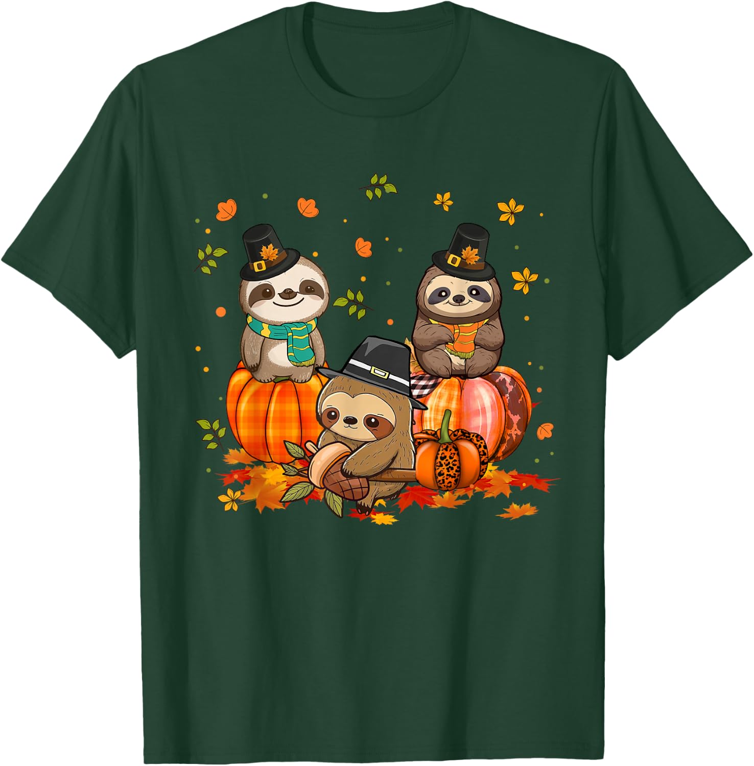 Sloth Pumpkin Leopard Buffalo Plaid Fall Thanksgiving T-Shirt - T-Shirt | Forest