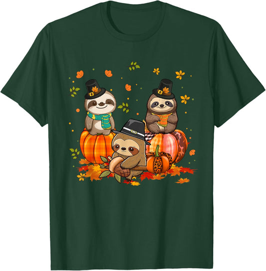 Sloth Pumpkin Leopard Buffalo Plaid Fall Thanksgiving T-Shirt - T-Shirt | Forest