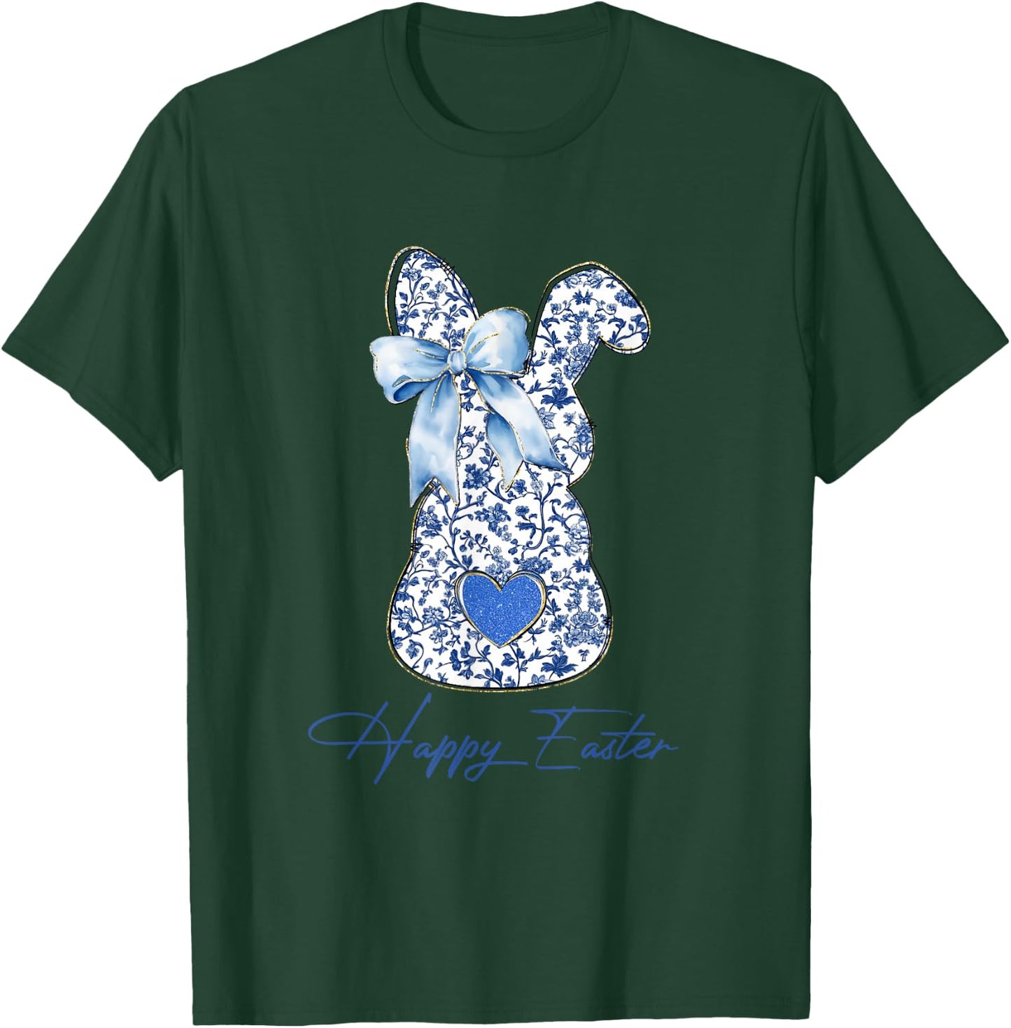 Happy Easter Blue Toile Chinoiserie Bunny Rabbit Women Girls T-Shirt - T-Shirt | Forest